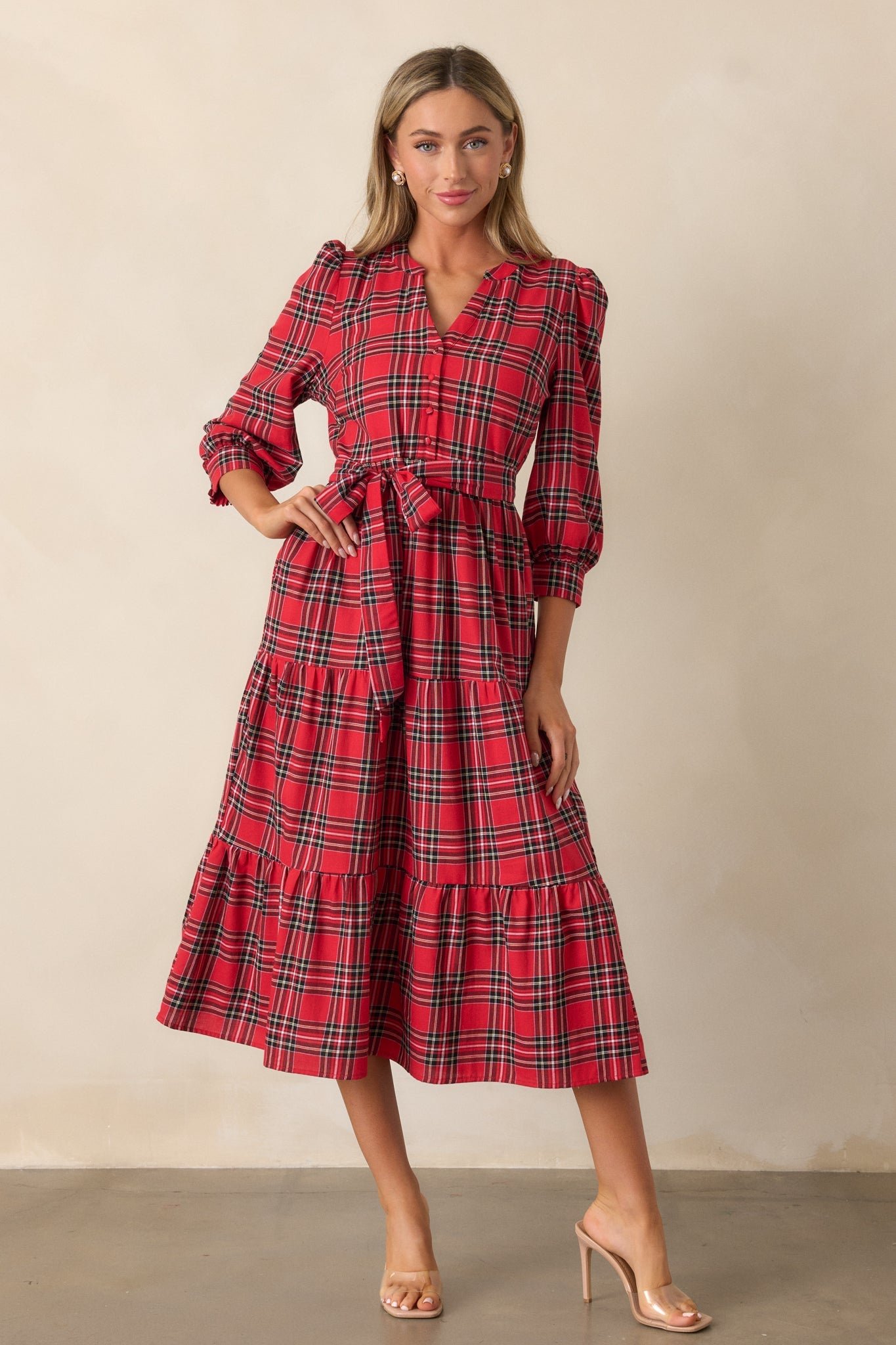 A Simple Glow 100% Cotton Red Long Sleeve Midi Dress