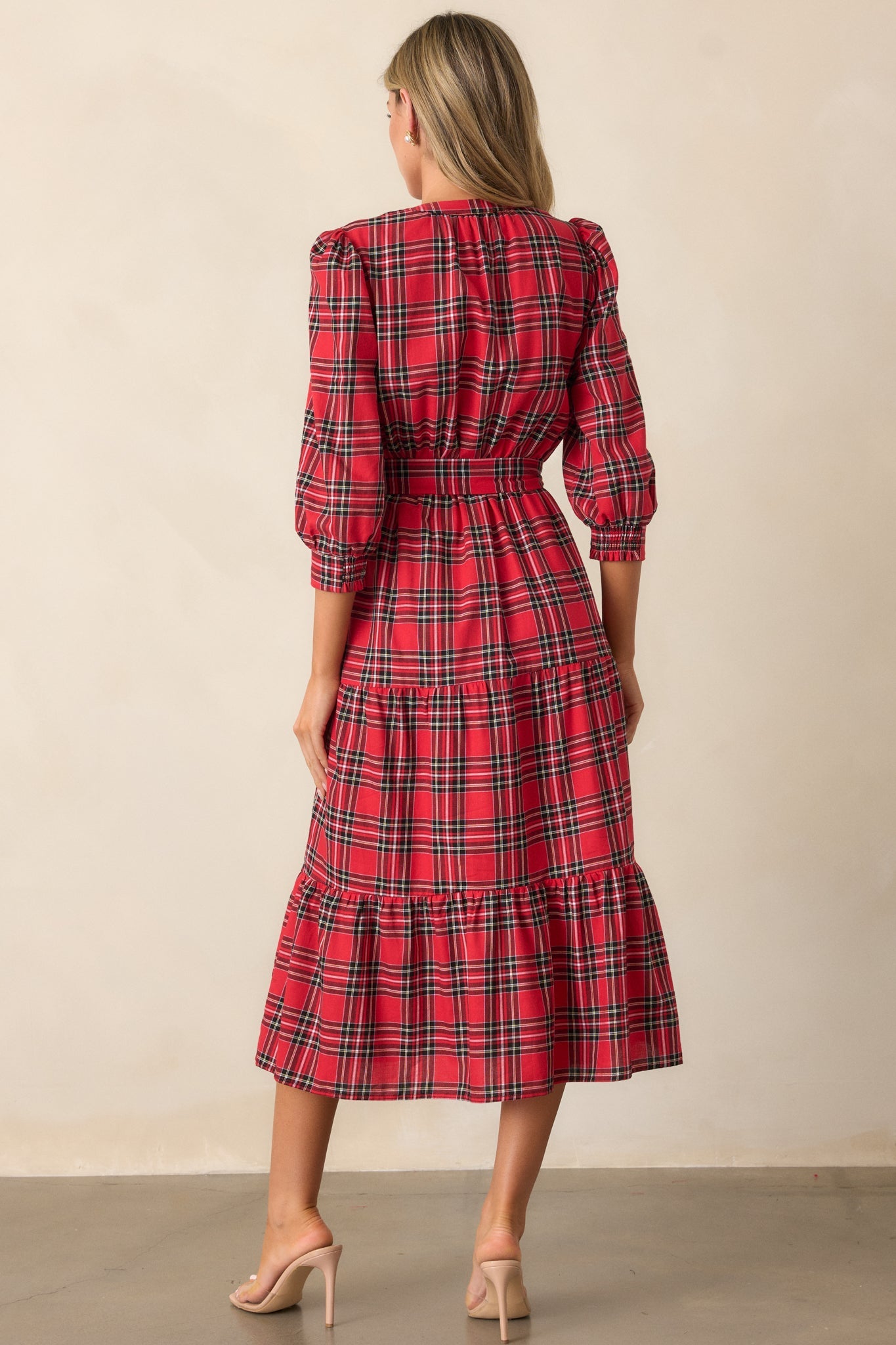 A Simple Glow 100% Cotton Red Long Sleeve Midi Dress