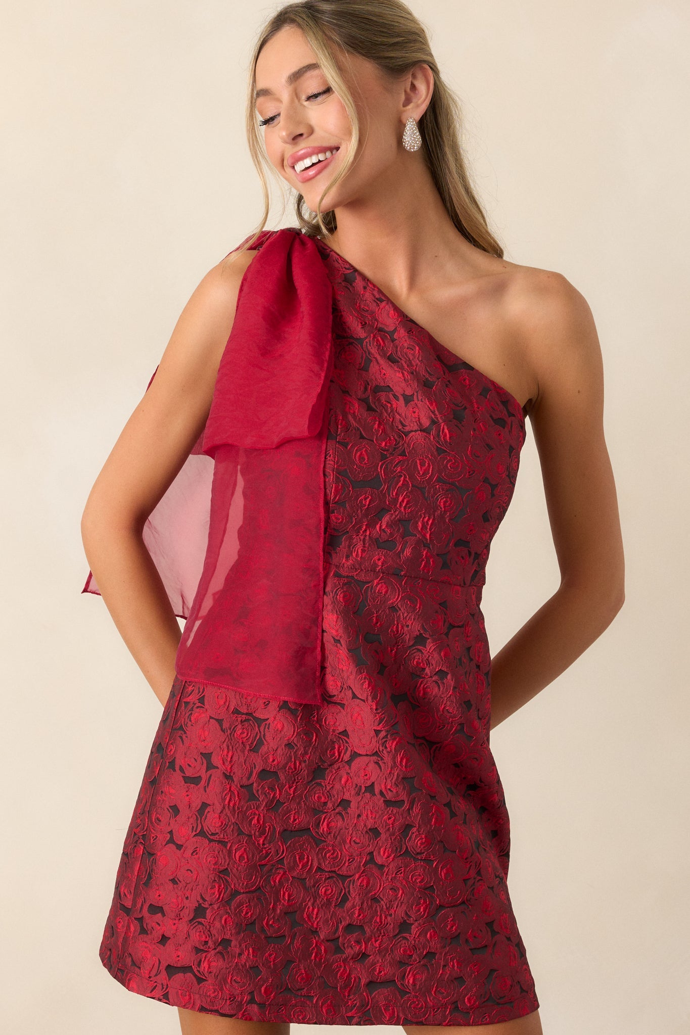 Taste Of Perfection Red Floral Jacquard One Shoulder Mini Dress