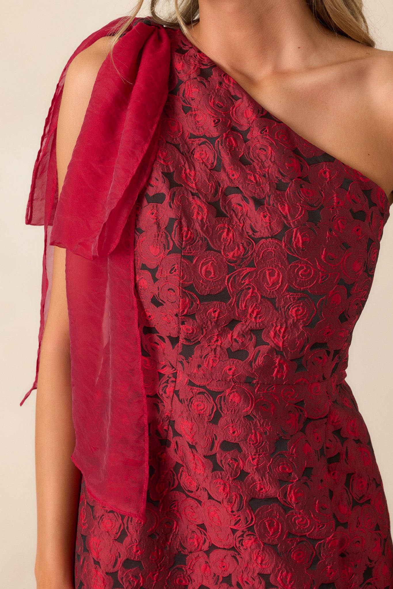 Taste Of Perfection Red Floral Jacquard One Shoulder Mini Dress
