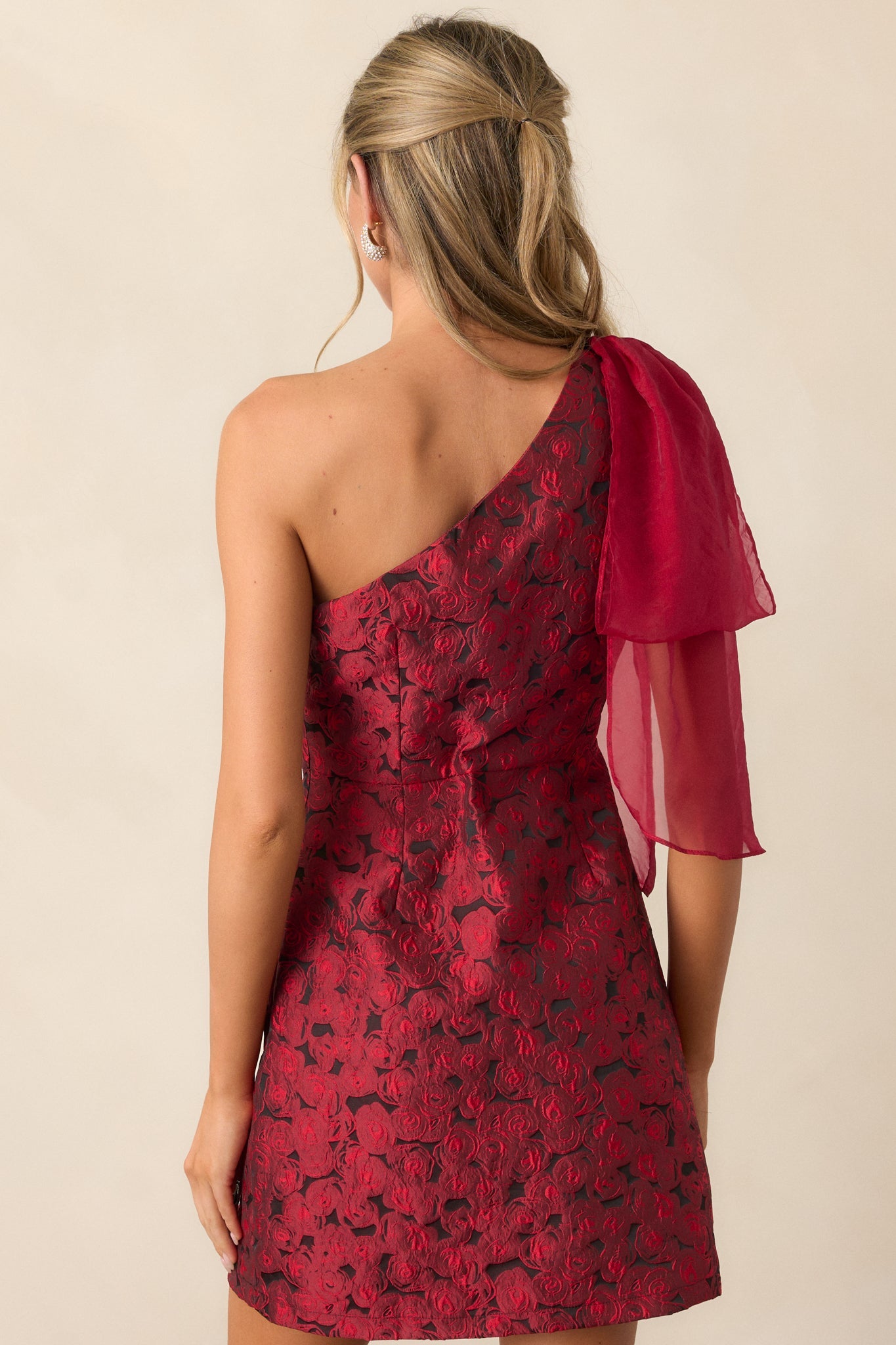 Taste Of Perfection Red Floral Jacquard One Shoulder Mini Dress