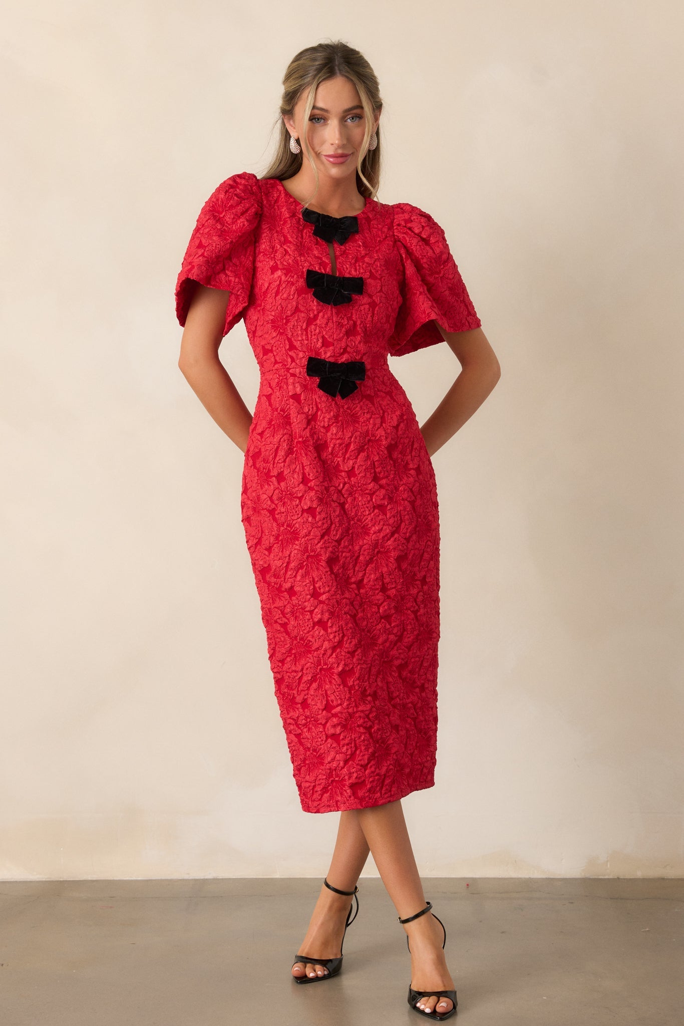 Simple Times Red Jacquard Midi Dress