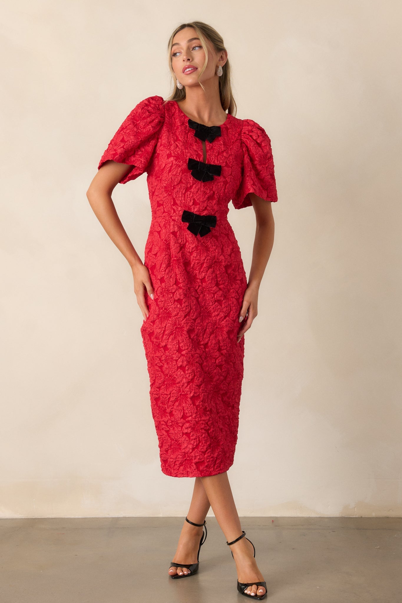 Simple Times Red Jacquard Midi Dress