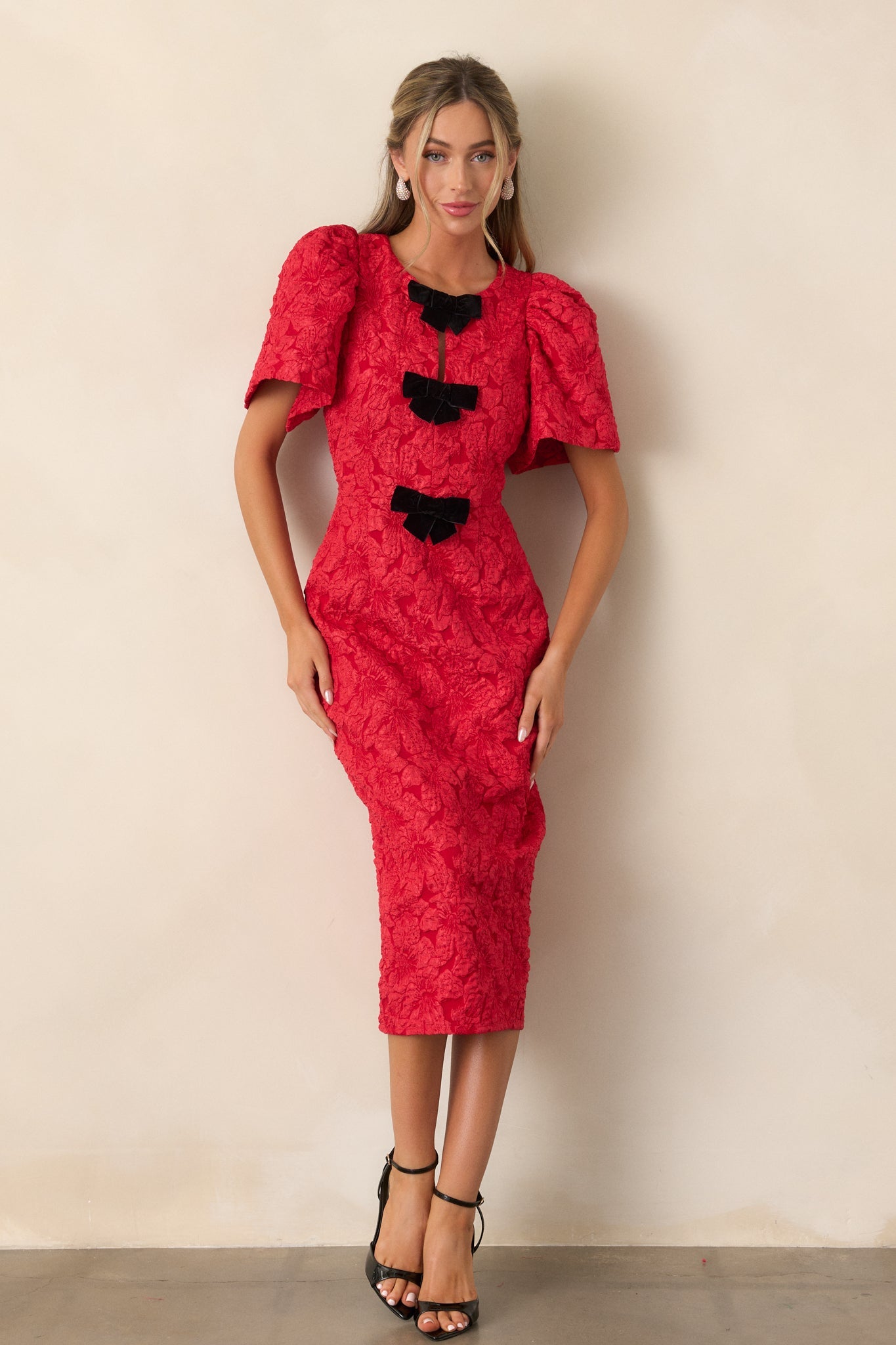 Simple Times Red Jacquard Midi Dress