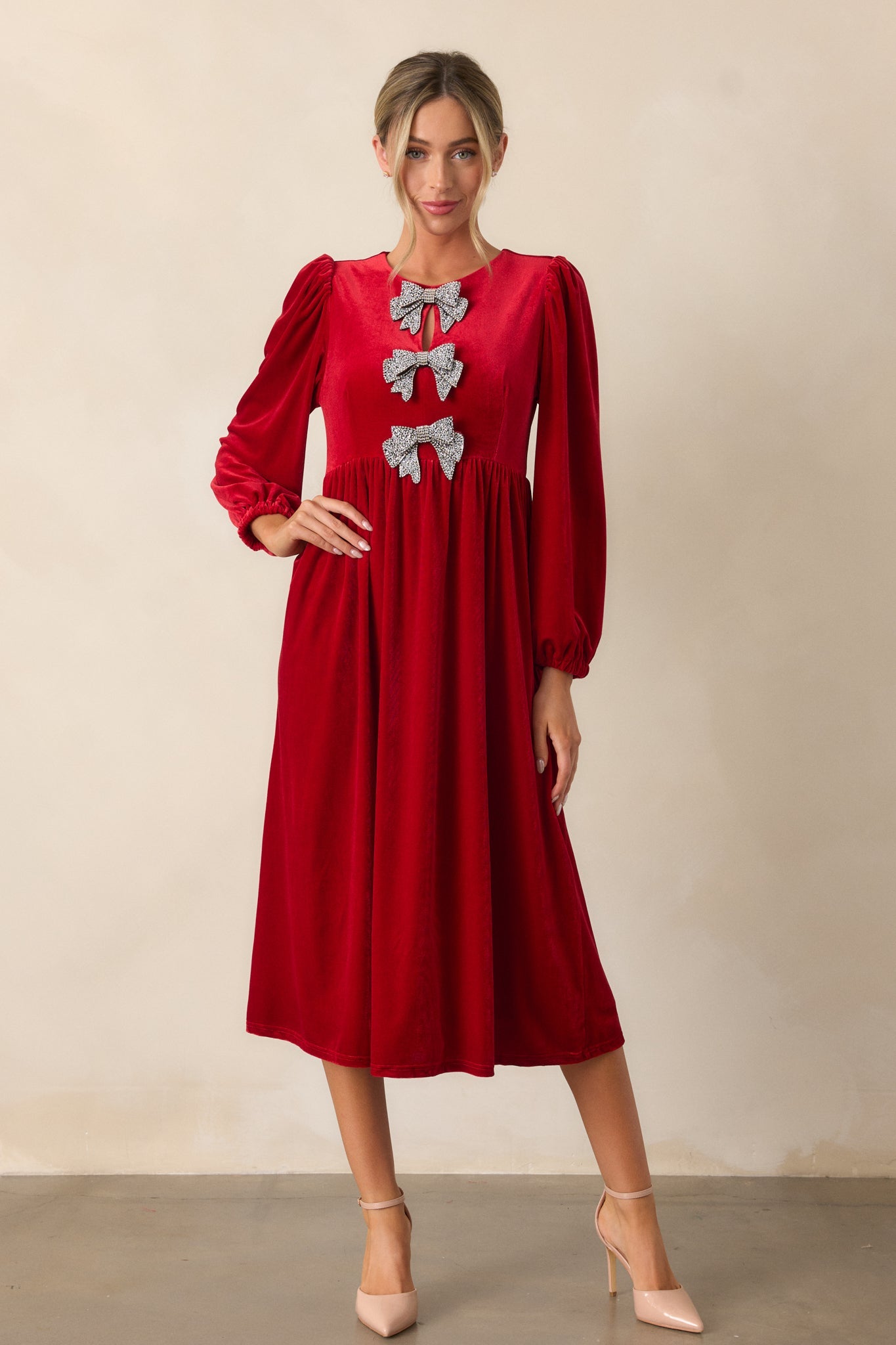 Moments To Treasure Red Velvet Midi Dress