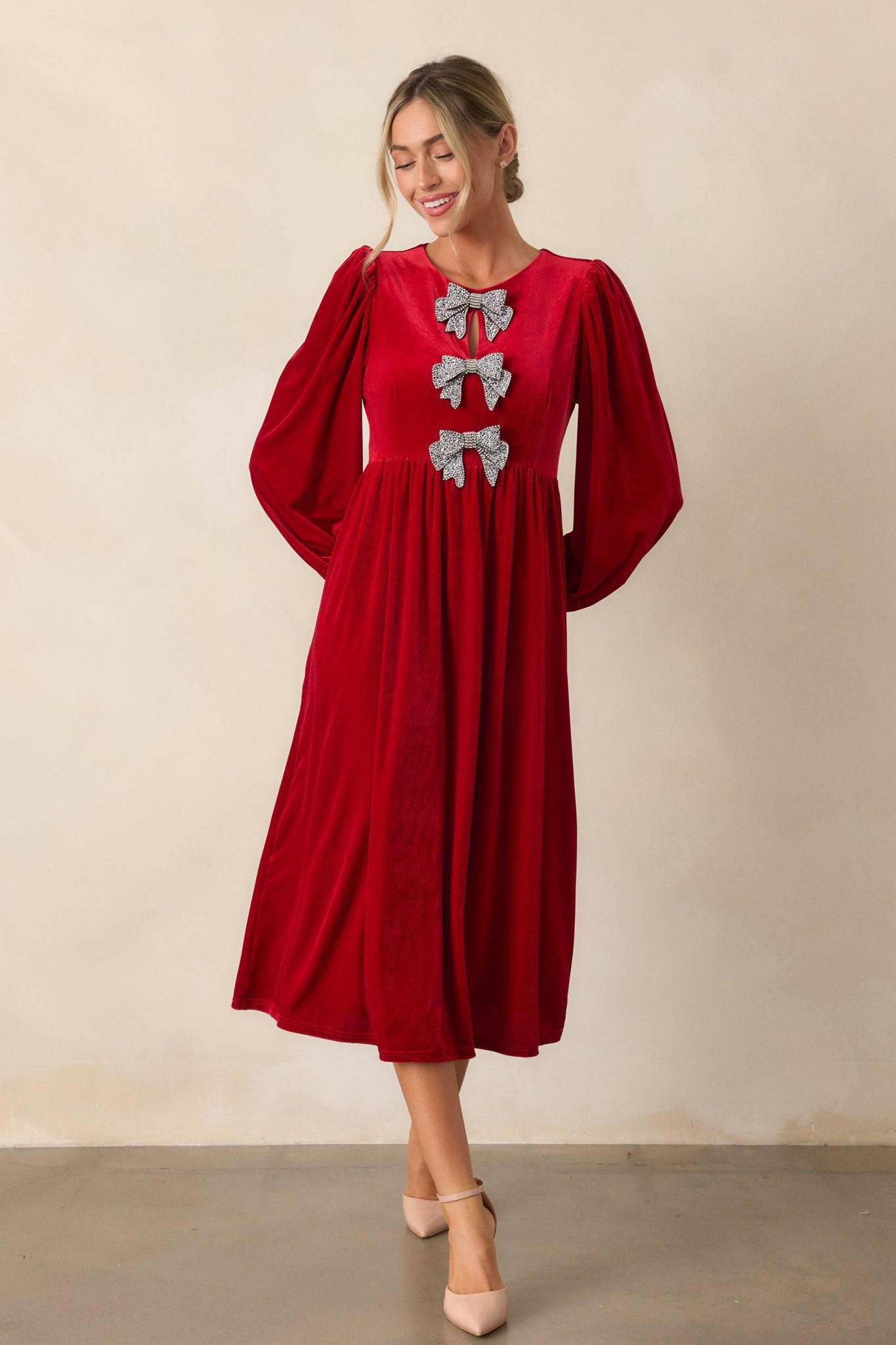 Moments To Treasure Red Velvet Midi Dress