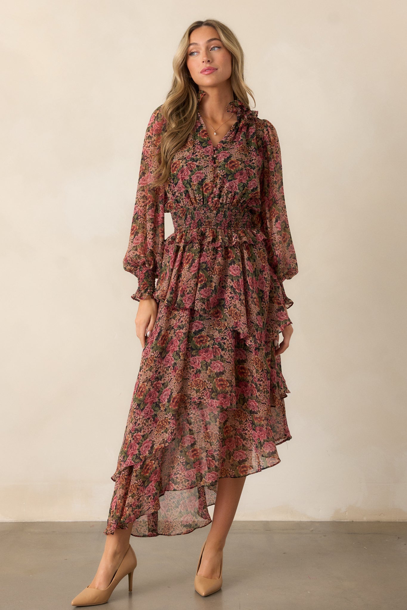 Roses Of Love Black Multi Floral Long Sleeve Ruffle Midi Dress