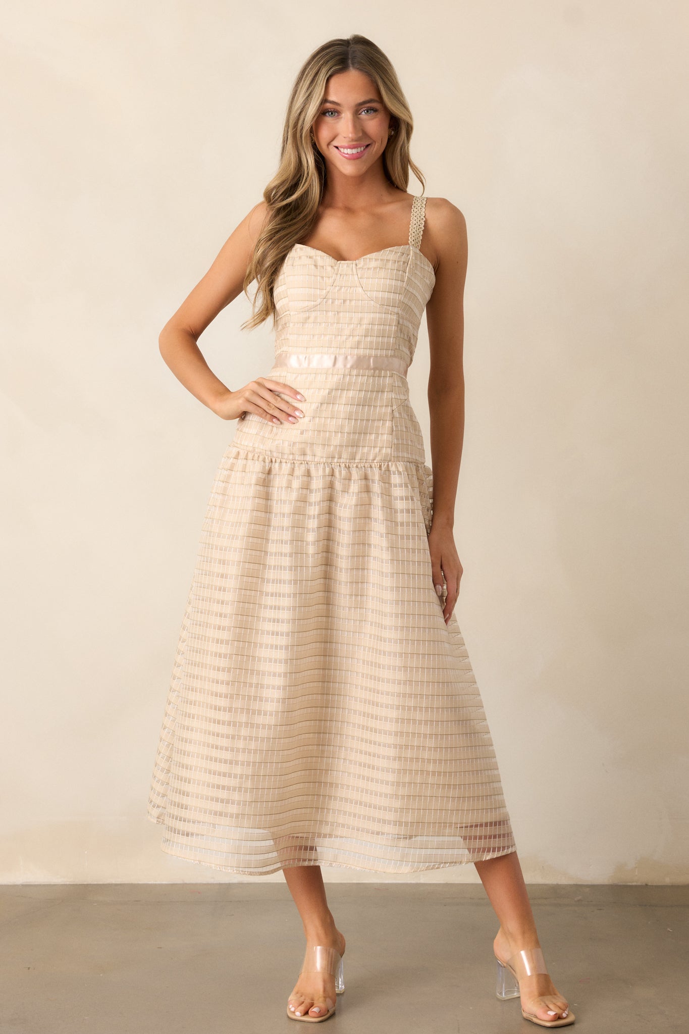 Know Better Tan Embroidered Drop Waist Midi Dress