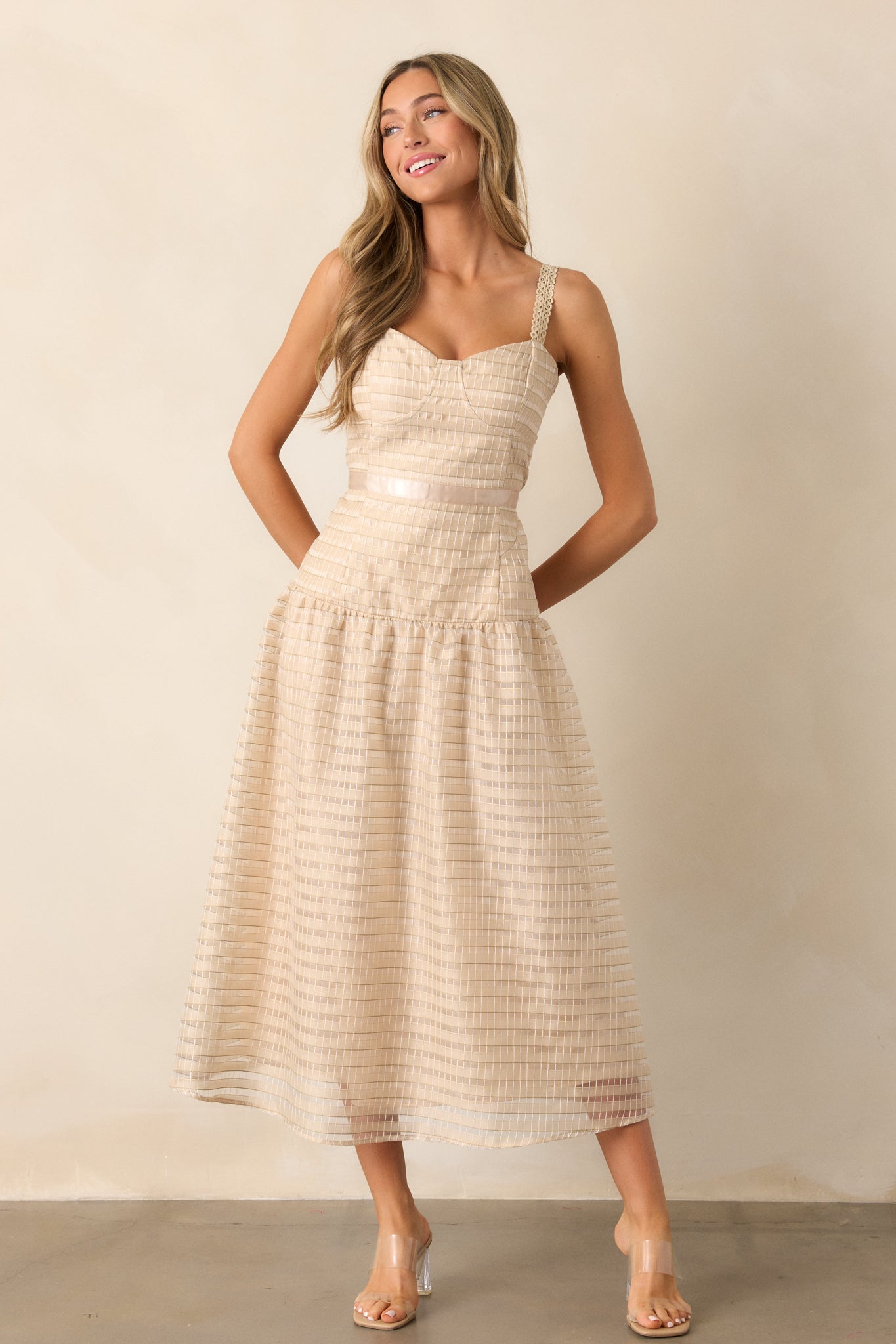 Know Better Tan Embroidered Drop Waist Midi Dress