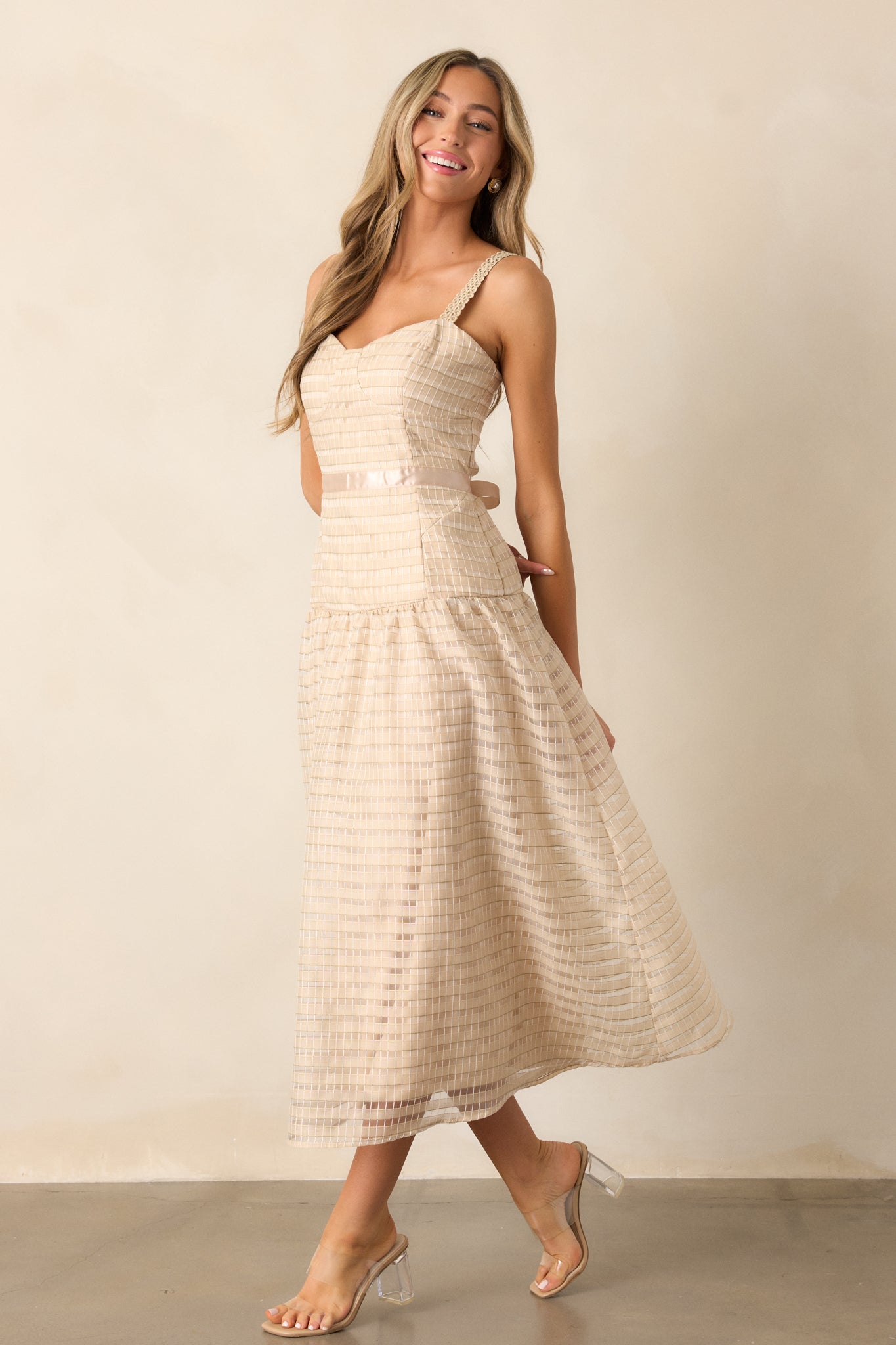 Know Better Tan Embroidered Drop Waist Midi Dress