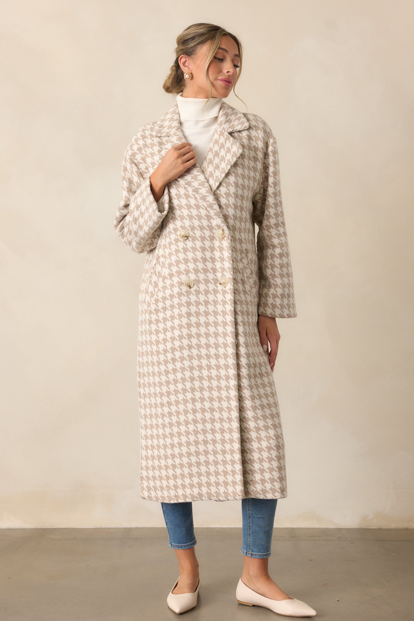 Watching The Wind Beige Houndstooth Trench Coat
