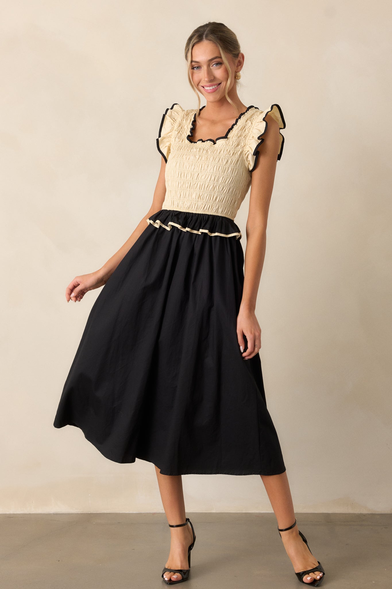 Endless Love 100% Cotton Ivory & Black Smocked Midi Dress