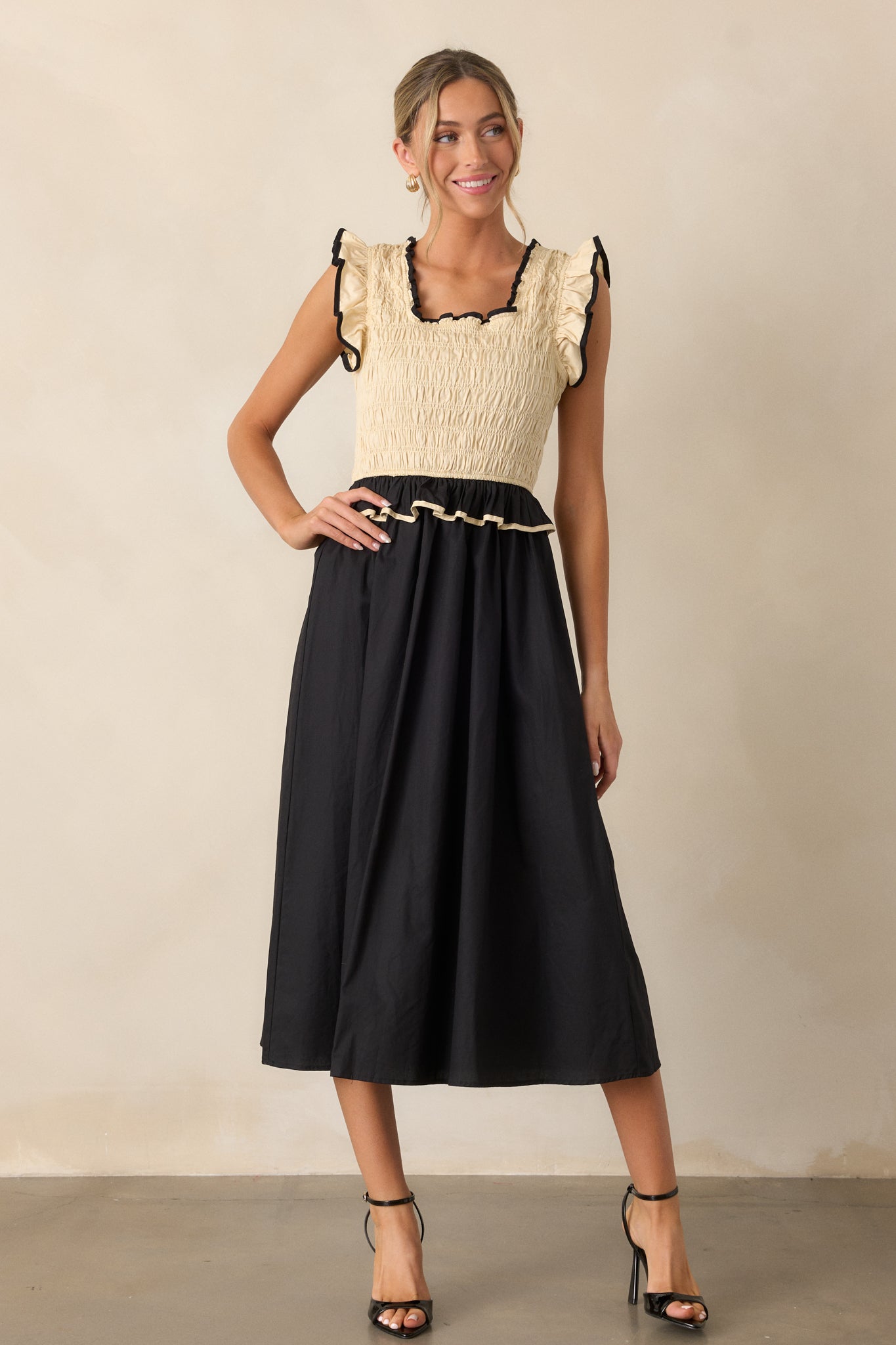 Endless Love 100% Cotton Ivory & Black Smocked Midi Dress