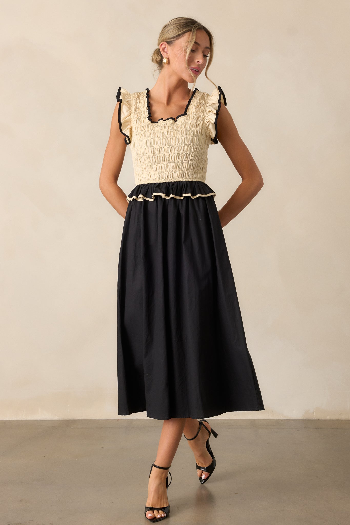 Endless Love 100% Cotton Ivory & Black Smocked Midi Dress