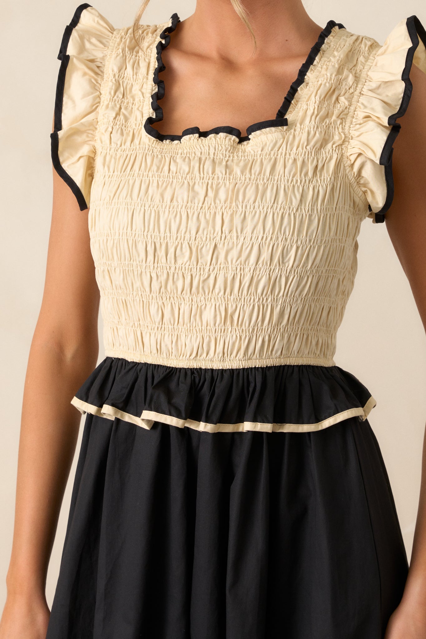 Endless Love 100% Cotton Ivory & Black Smocked Midi Dress