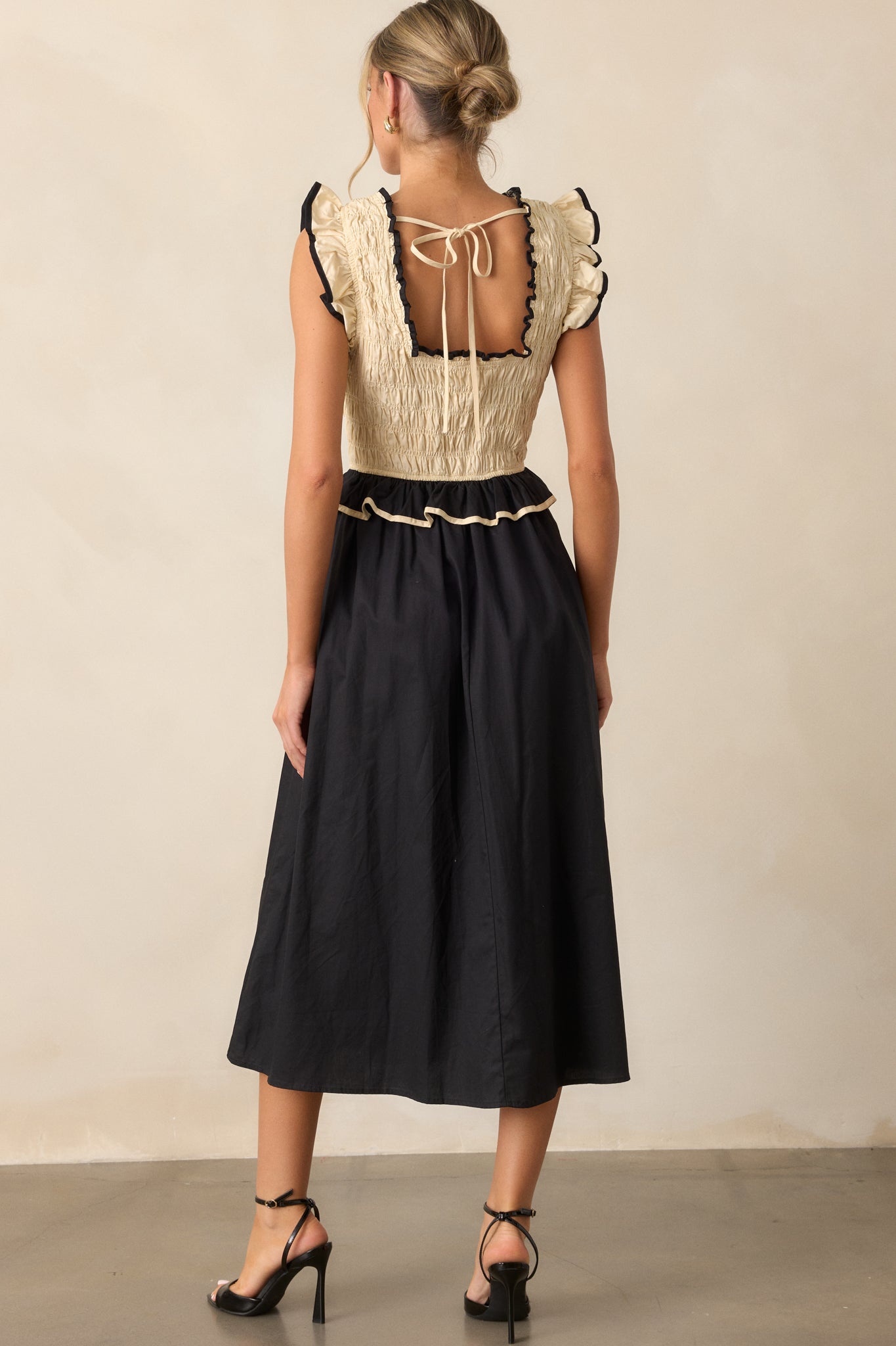 Endless Love 100% Cotton Ivory & Black Smocked Midi Dress