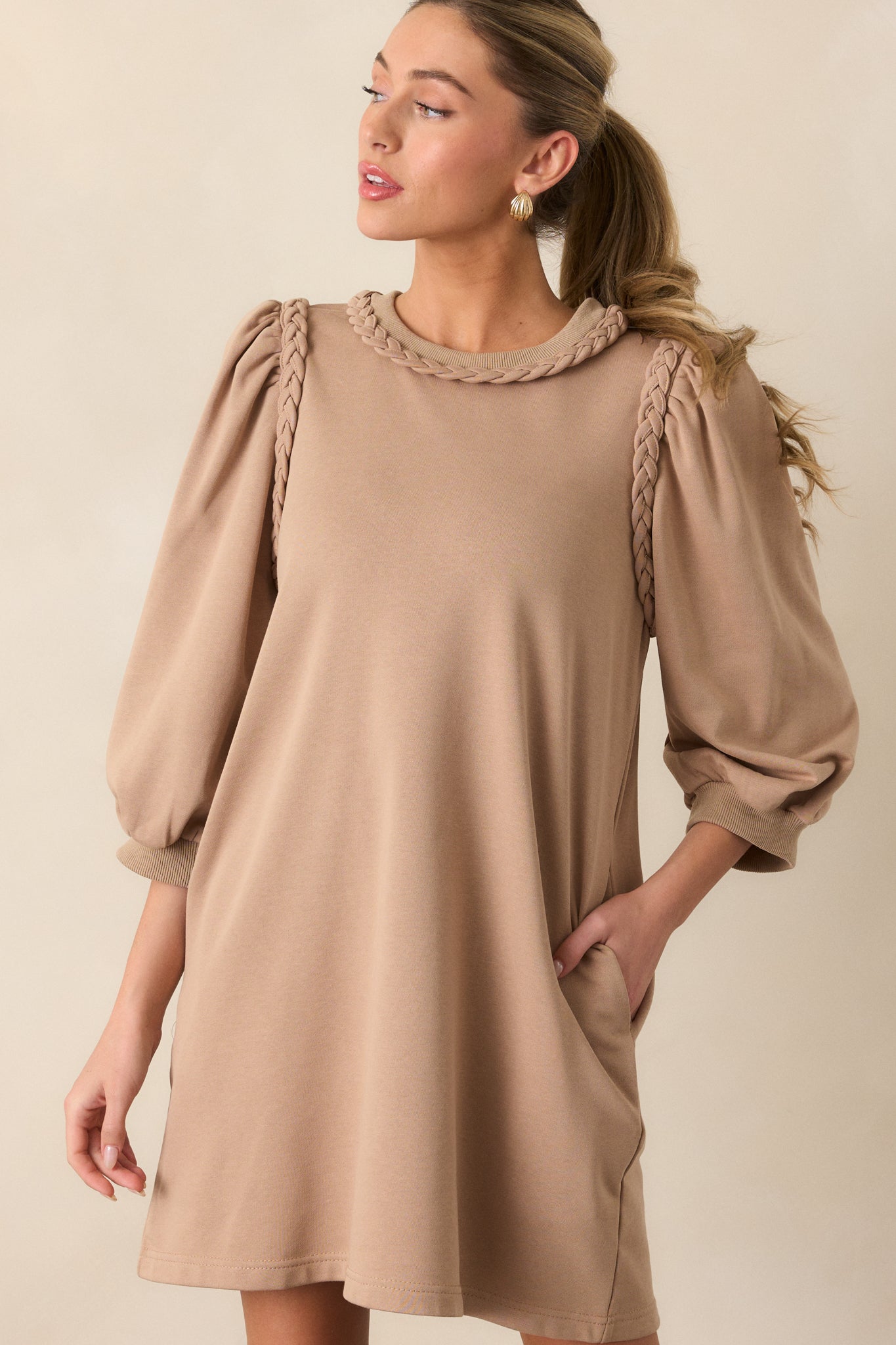 Cocoa Haze 100% Cotton Tan Long Sleeve Mini Dress