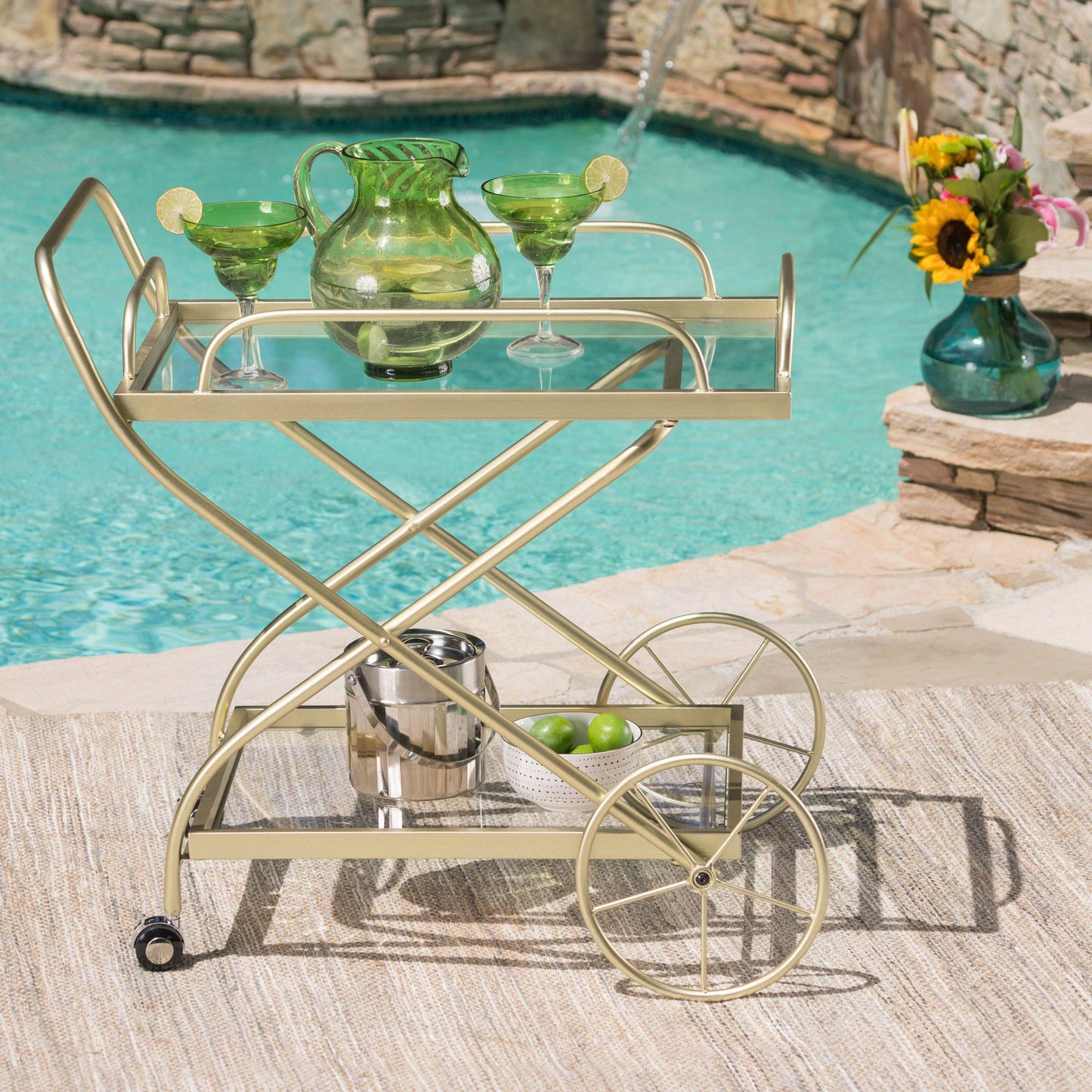 Allegro Outdoor Bar Cart with 2 Tempered Glass Shelves and Metal Frame