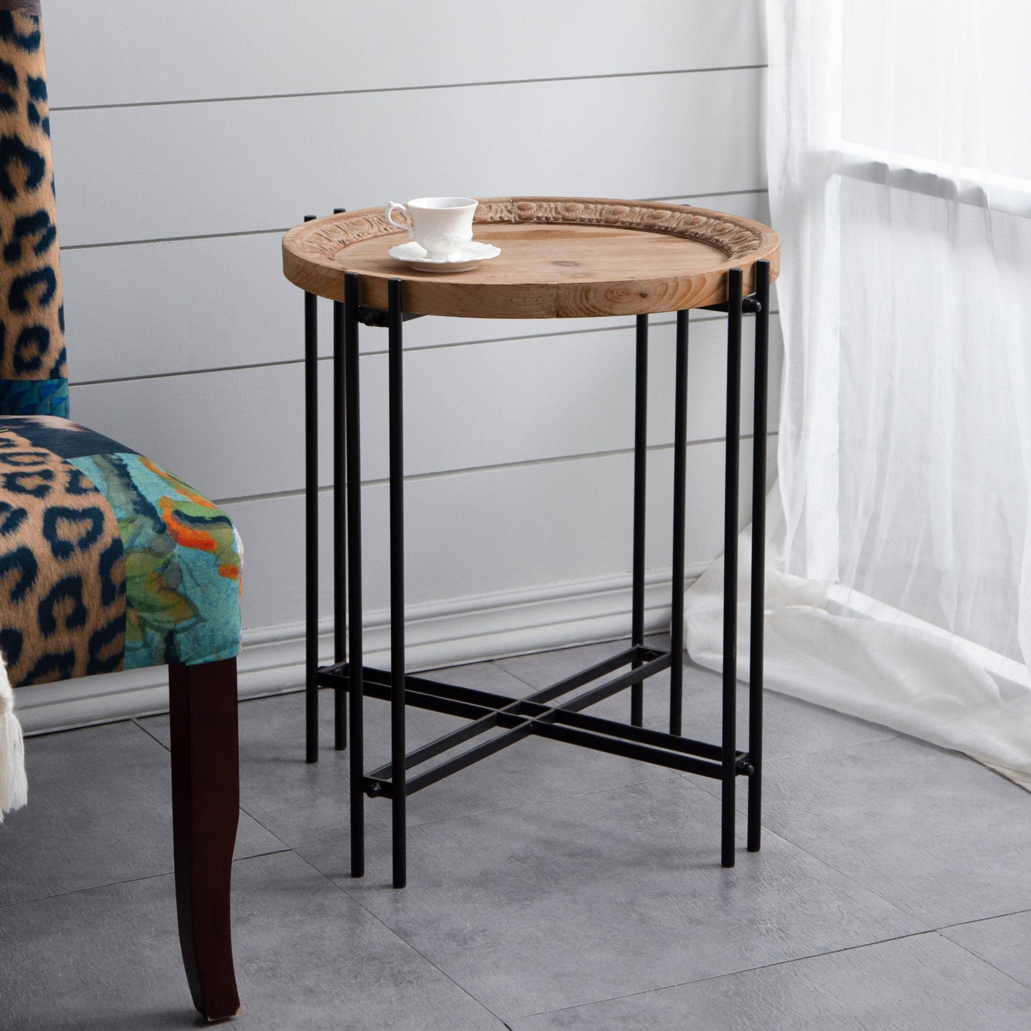 Side Table with Wooden Top and Metal Legs