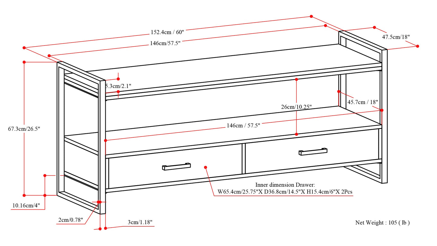 TV Stand for TVs Up To 65 Inches with Open Shelf, 2 Drawers and Metal Frame
