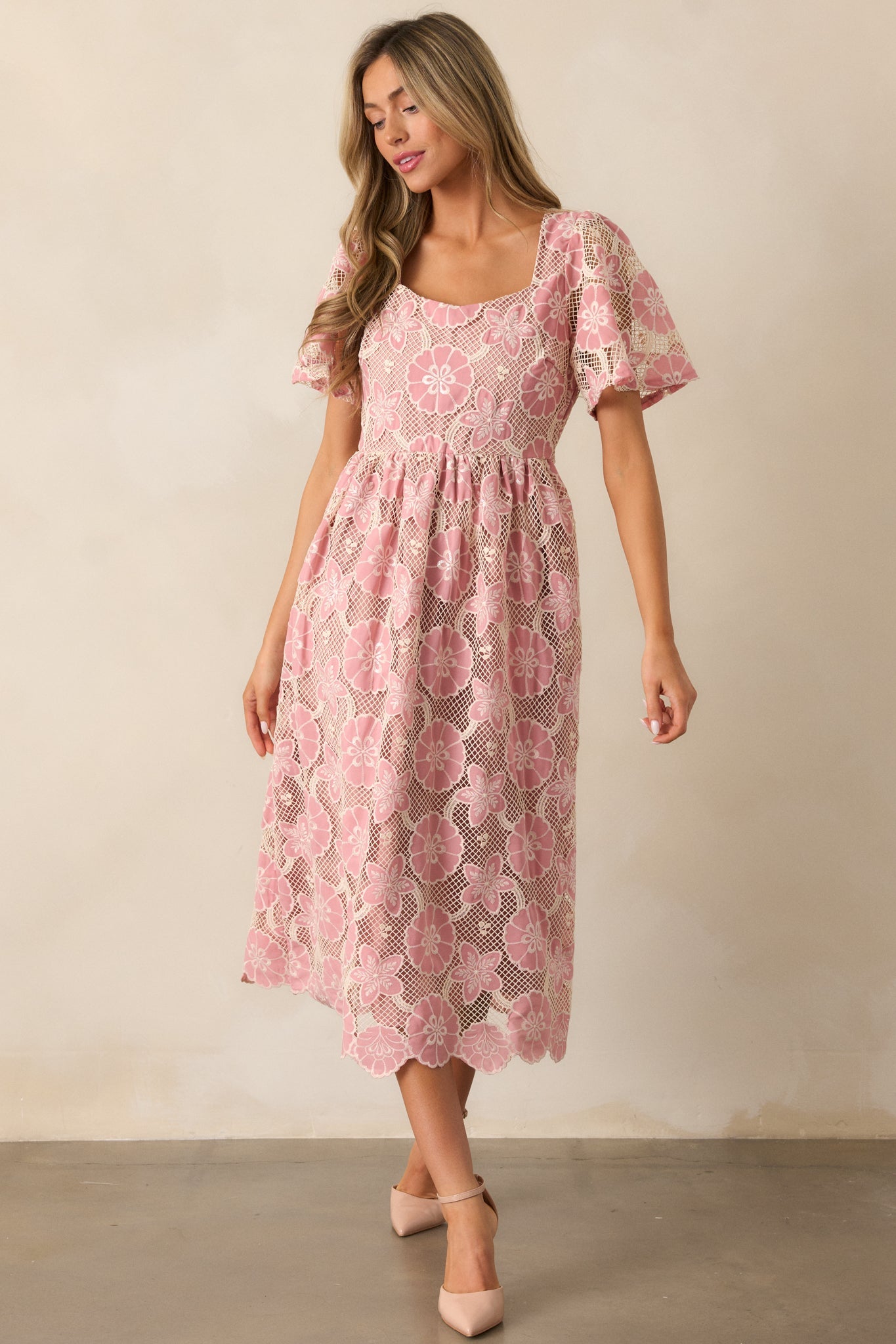 The Sweetest Rose Pink Embroidered Floral Midi Dress