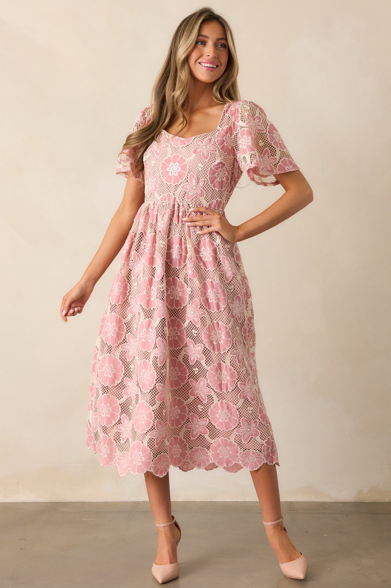 The Sweetest Rose Pink Embroidered Floral Midi Dress