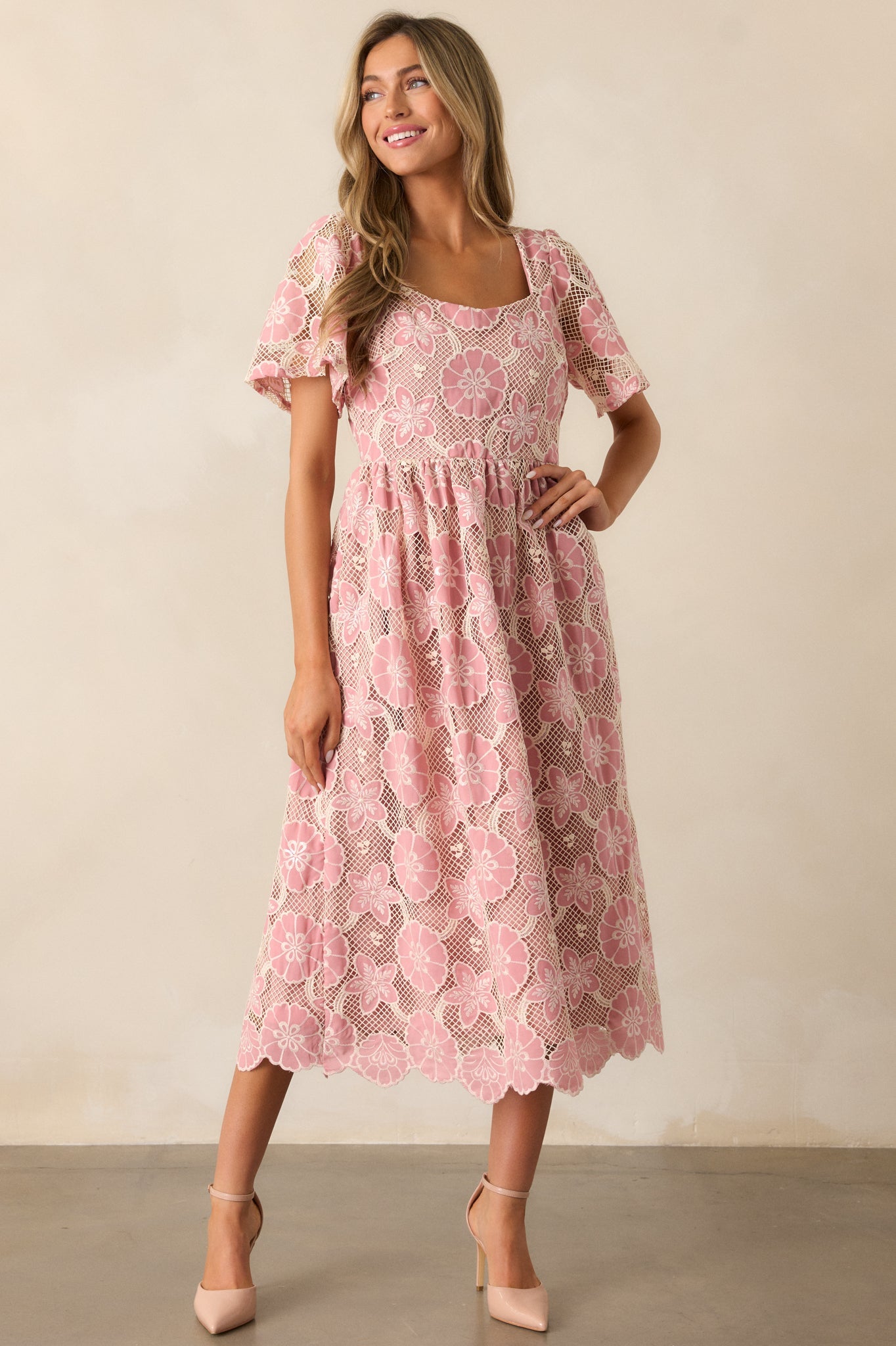 The Sweetest Rose Pink Embroidered Floral Midi Dress