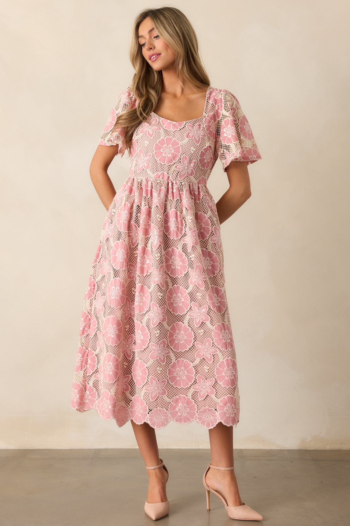 The Sweetest Rose Pink Embroidered Floral Midi Dress