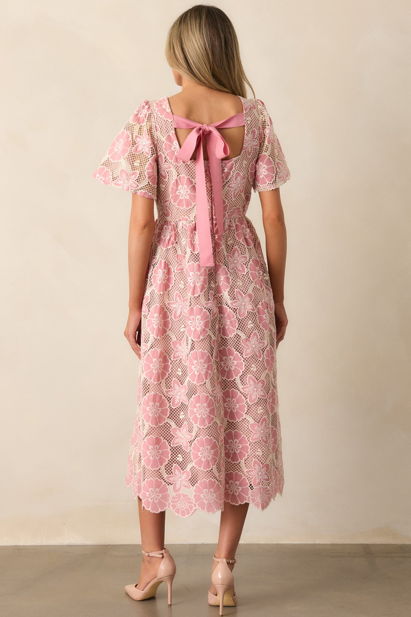The Sweetest Rose Pink Embroidered Floral Midi Dress