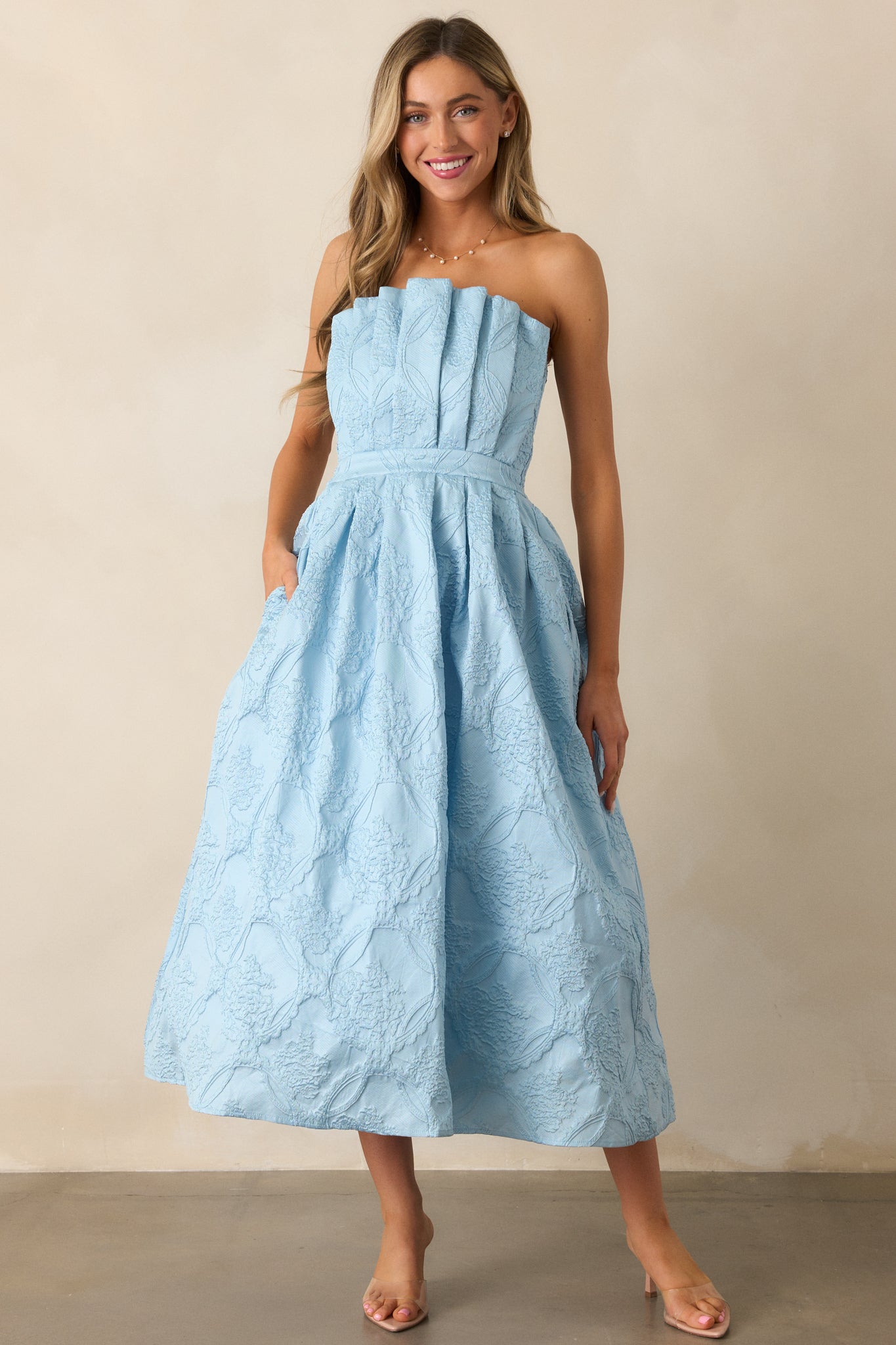 Moonstone Dreams Sky Blue Floral Jacquard Midi Dress