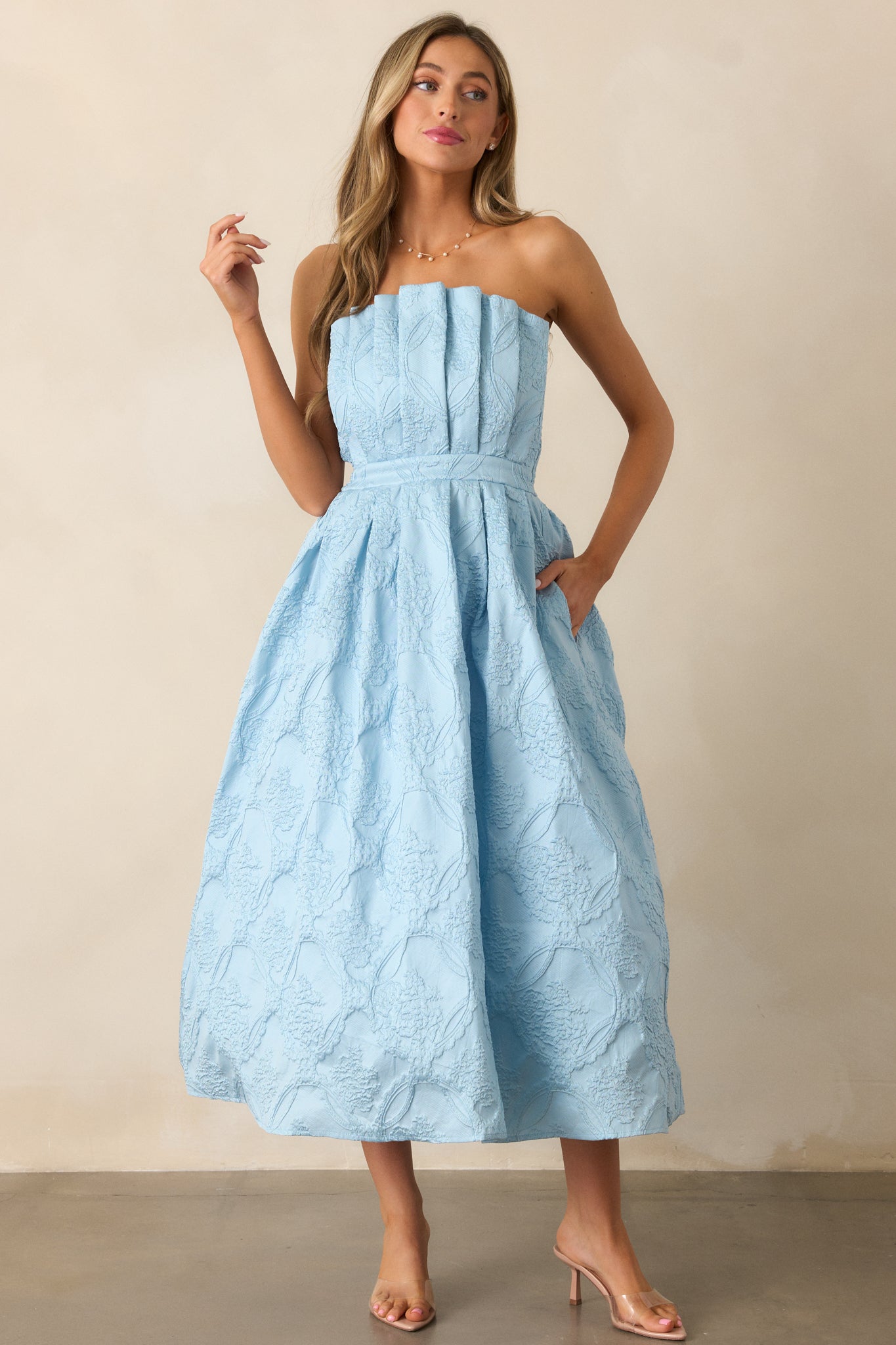 Moonstone Dreams Sky Blue Floral Jacquard Midi Dress