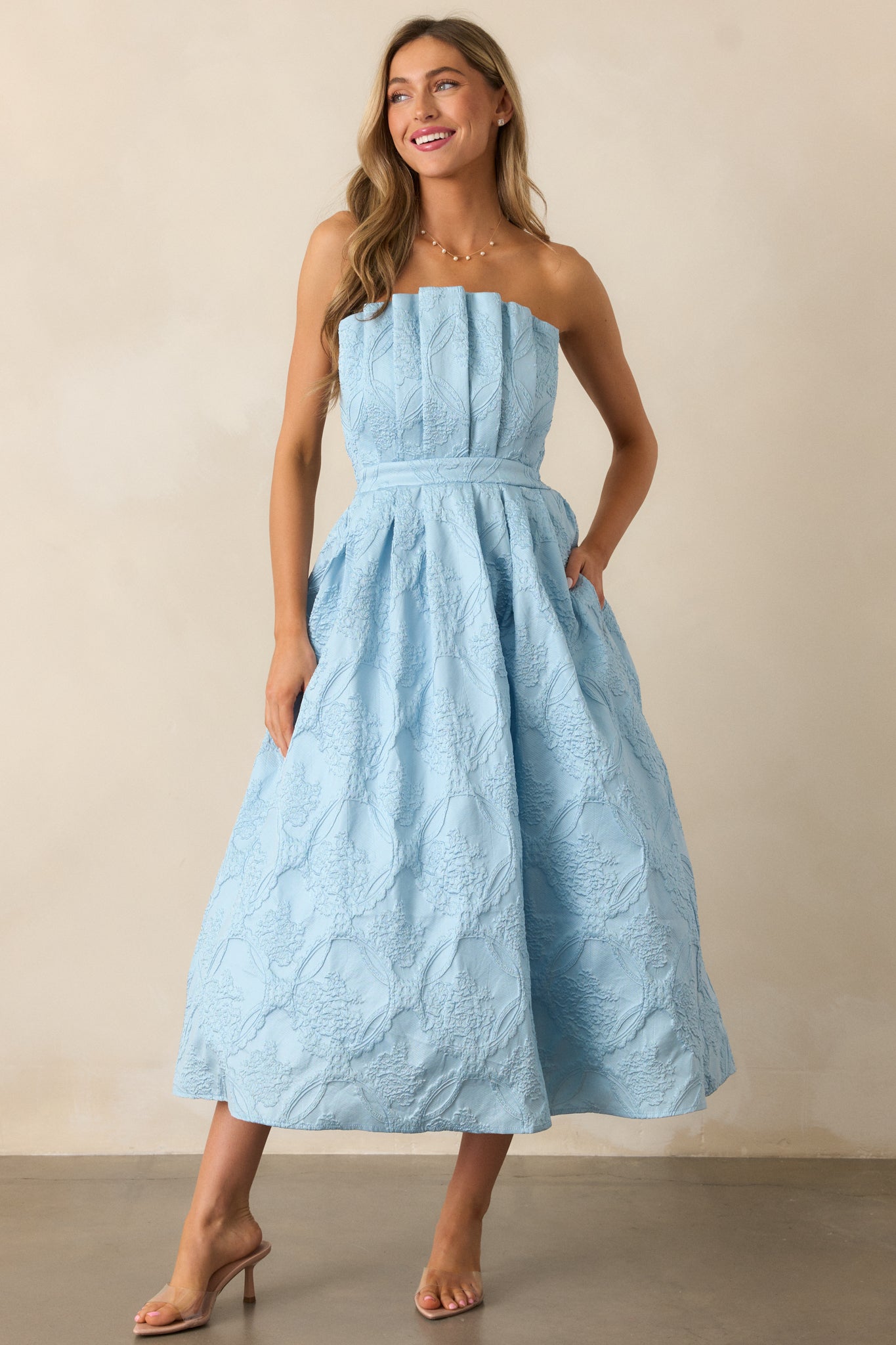 Moonstone Dreams Sky Blue Floral Jacquard Midi Dress