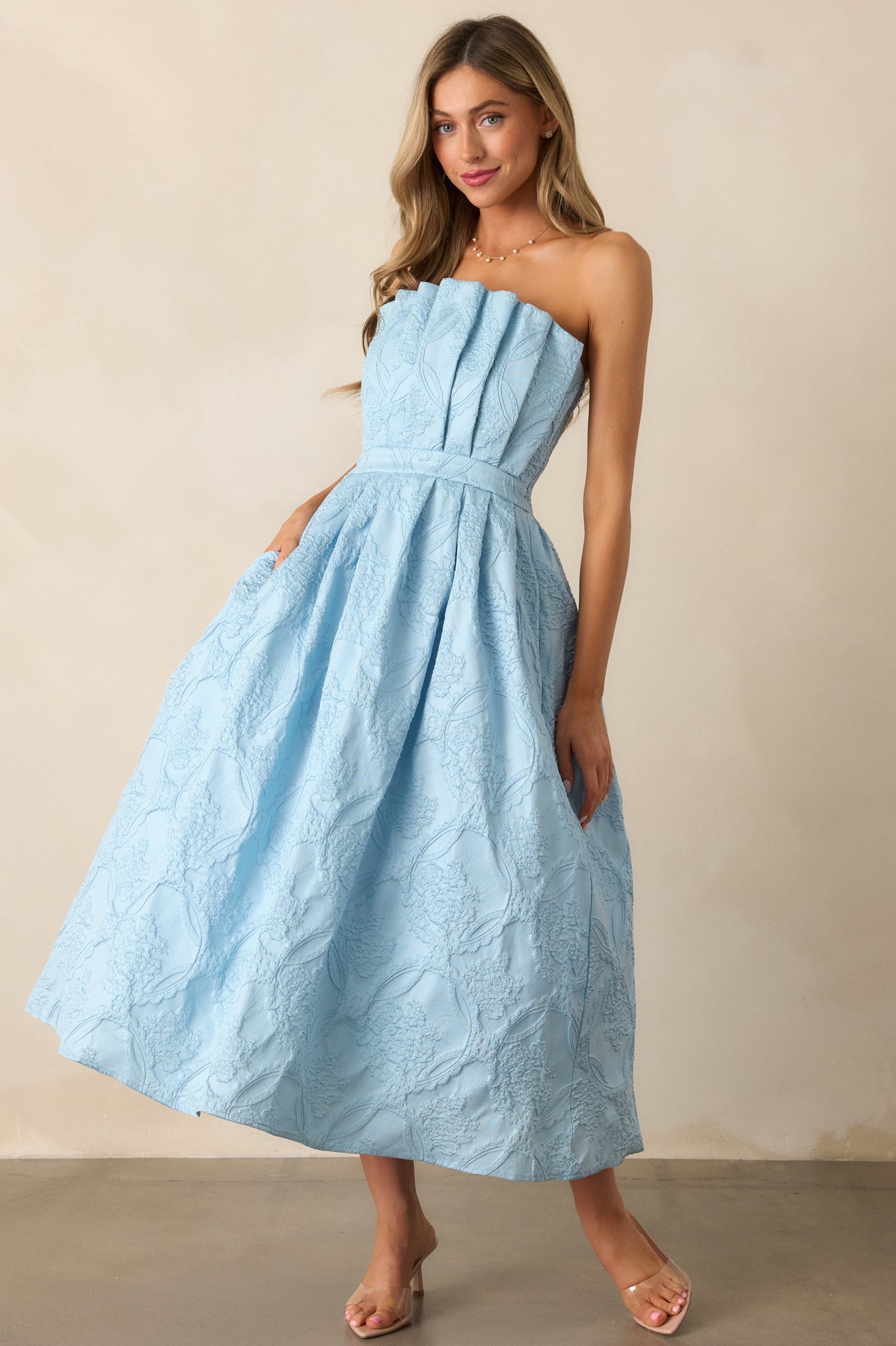 Moonstone Dreams Sky Blue Floral Jacquard Midi Dress