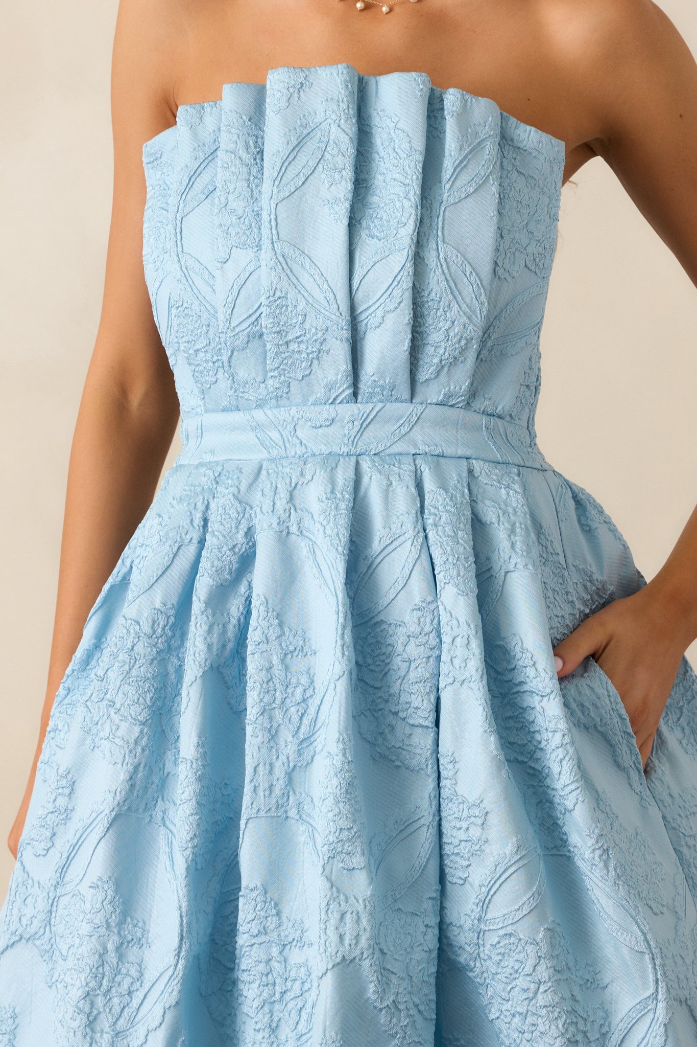 Moonstone Dreams Sky Blue Floral Jacquard Midi Dress