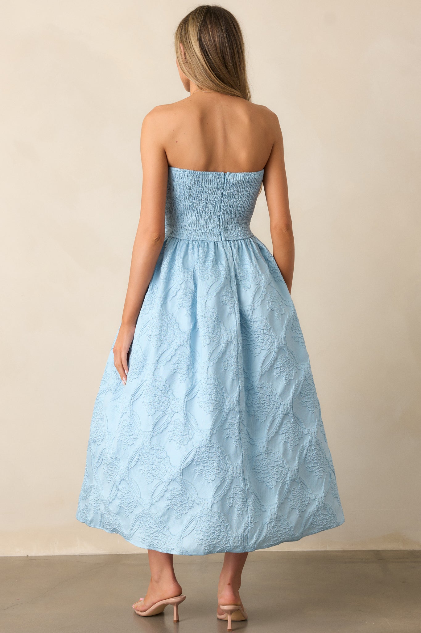 Moonstone Dreams Sky Blue Floral Jacquard Midi Dress