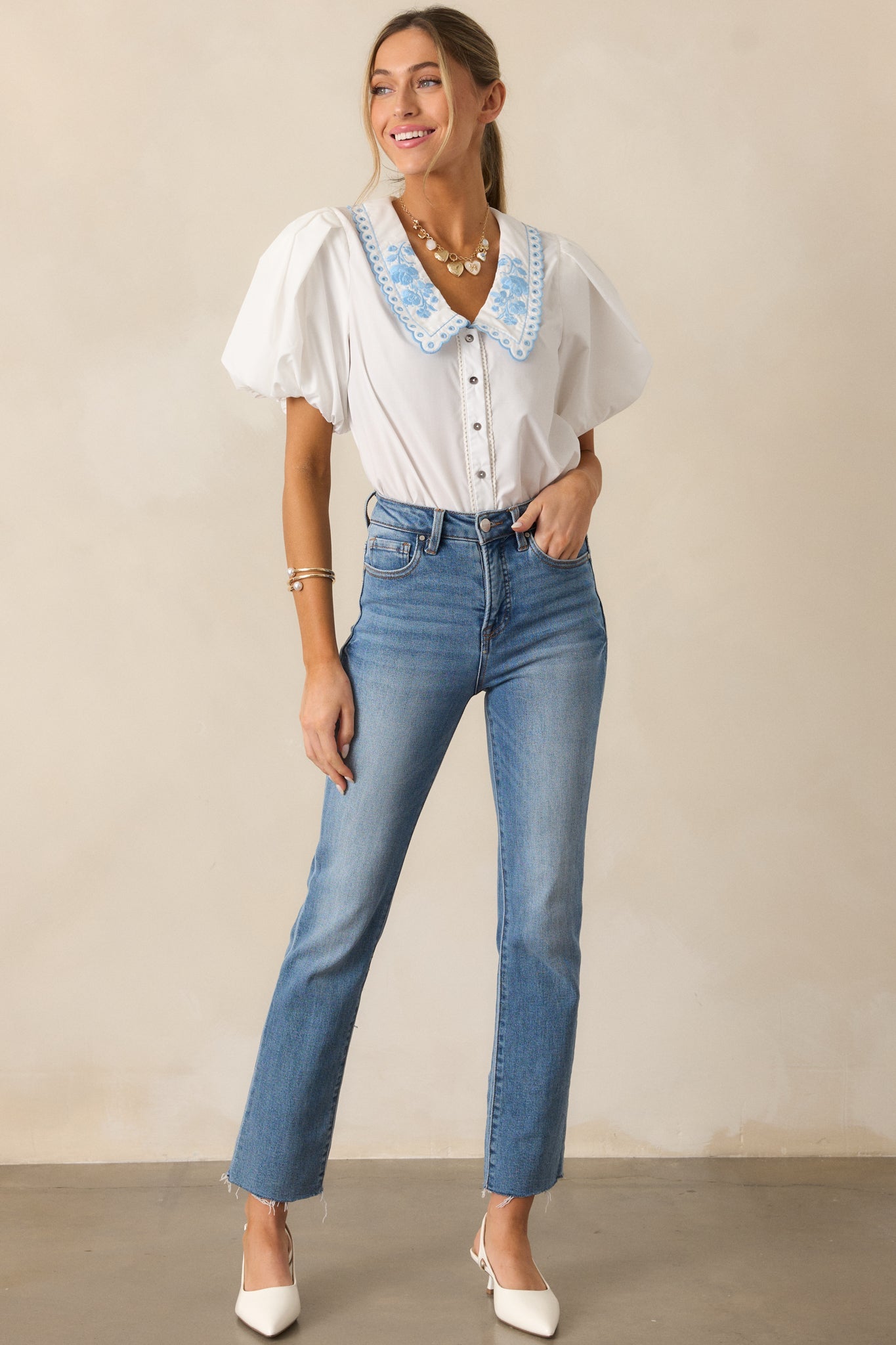 No More Cloudy Skies 100% Cotton White Floral Embroidered Puff Sleeve Blouse