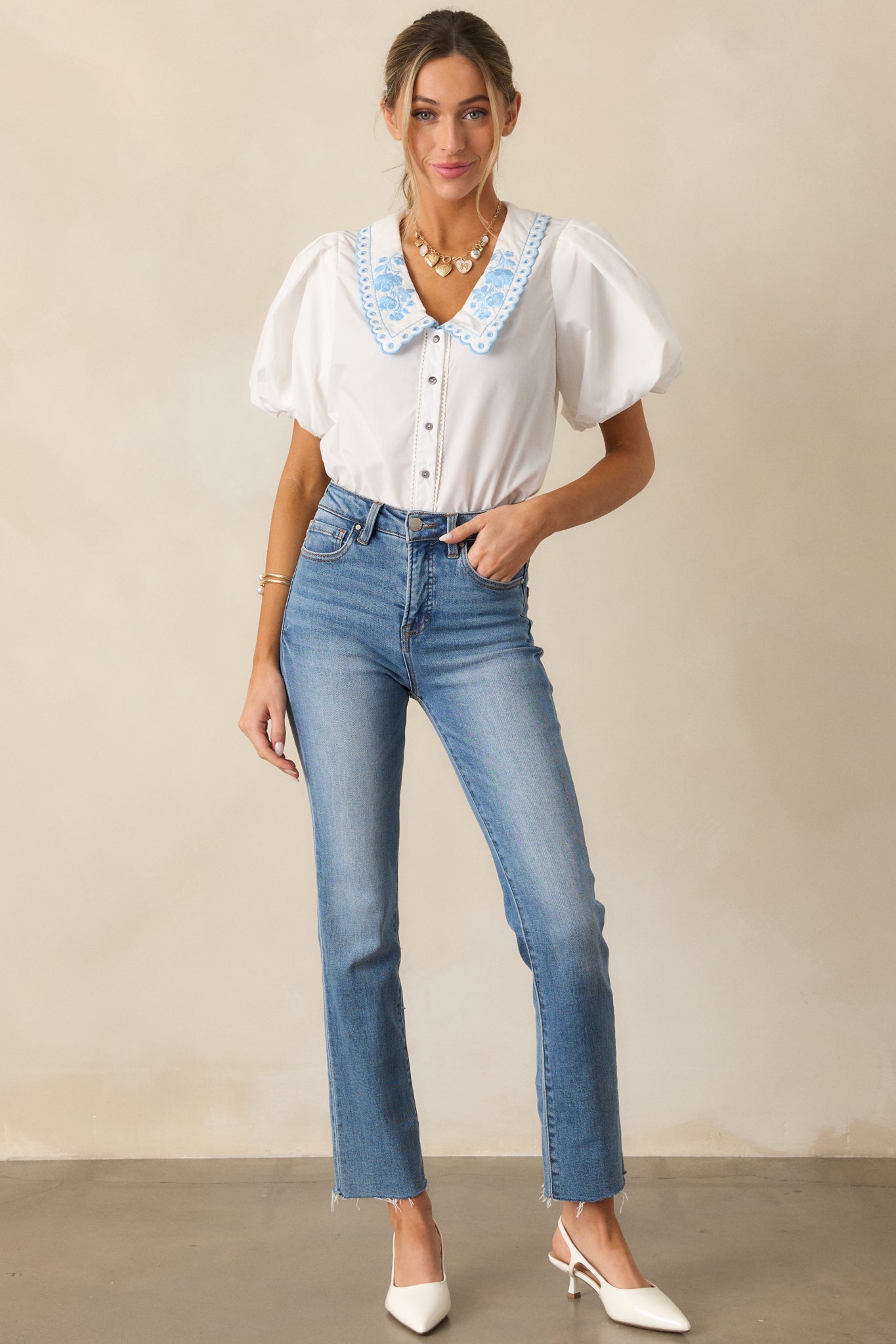 No More Cloudy Skies 100% Cotton White Floral Embroidered Puff Sleeve Blouse