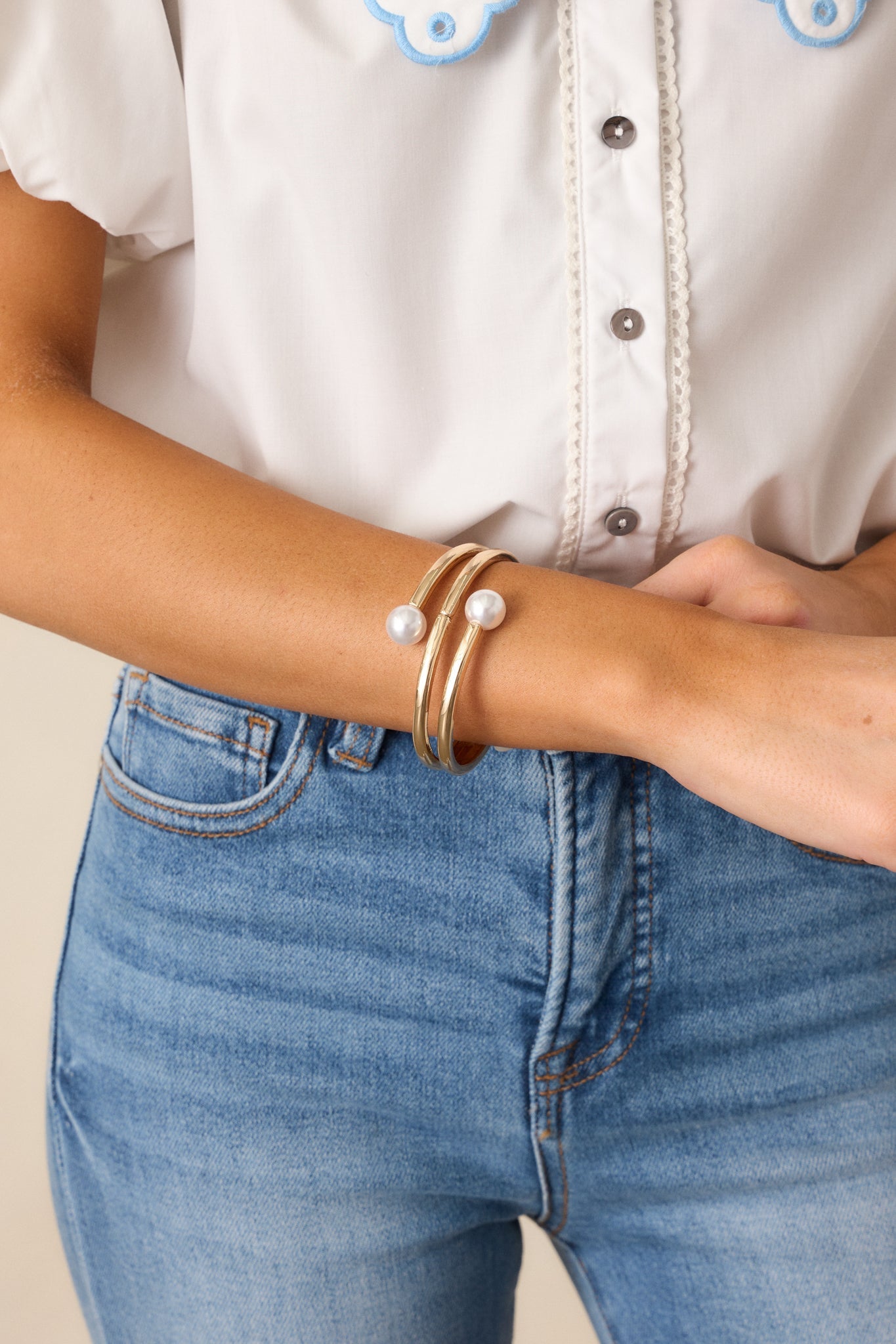 Wrapped In Sunshine Gold and Ivory Faux Pearl Bracelet