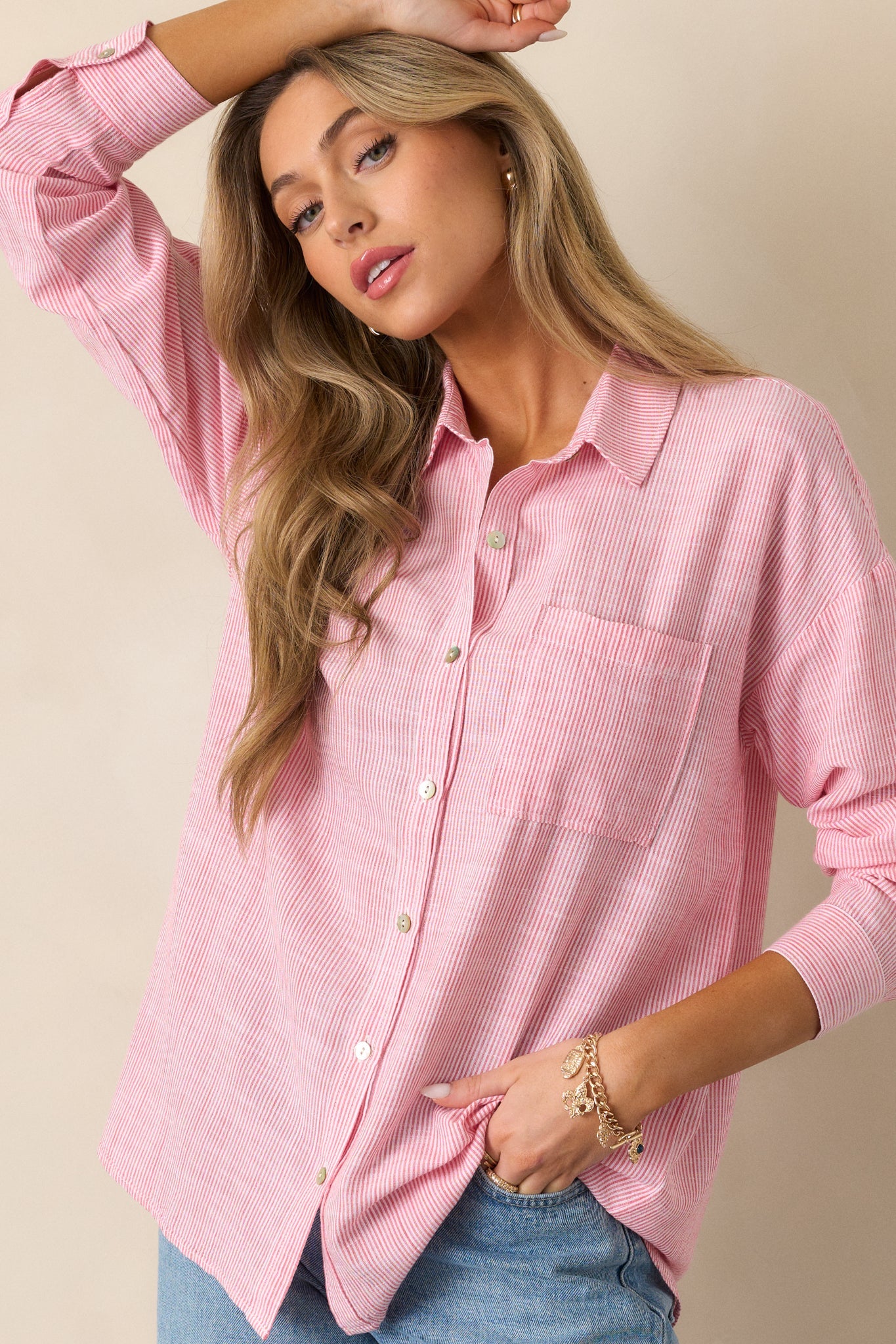 What Do You Mean Porcelain Rose Stripe Button Front Blouse