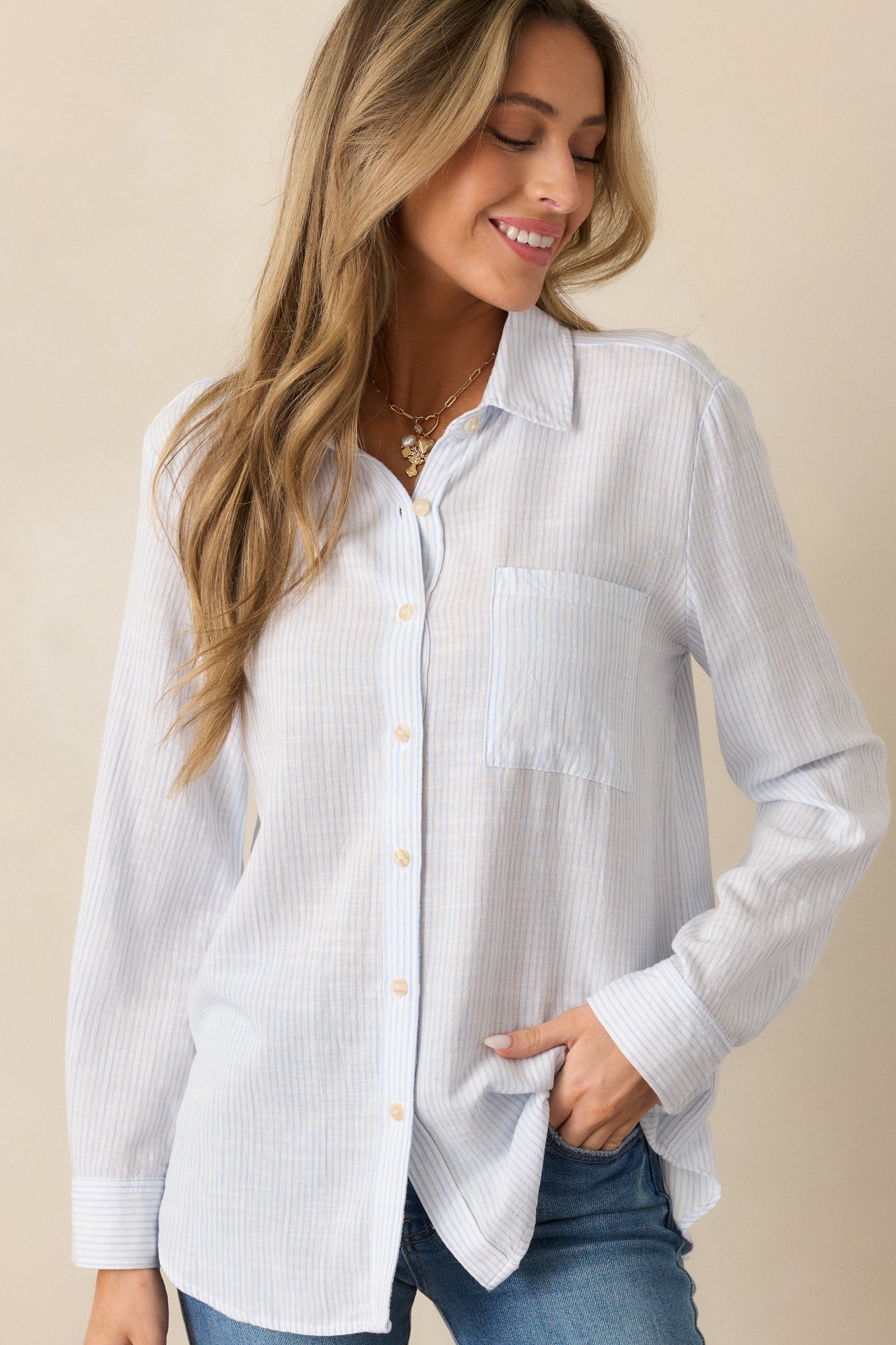 Brighter Days Light Blue Stripe Button Front Top