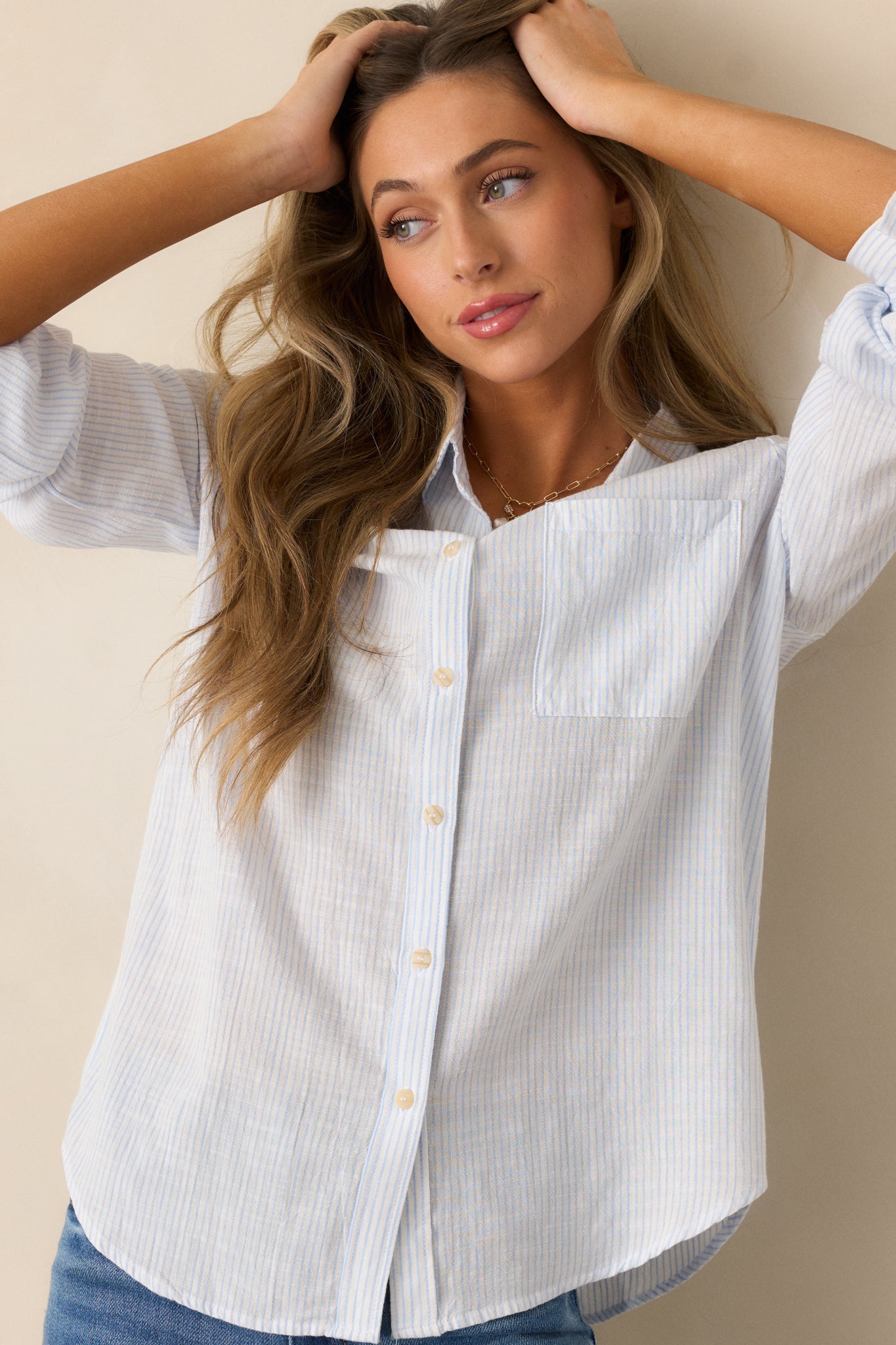 Brighter Days Light Blue Stripe Button Front Top