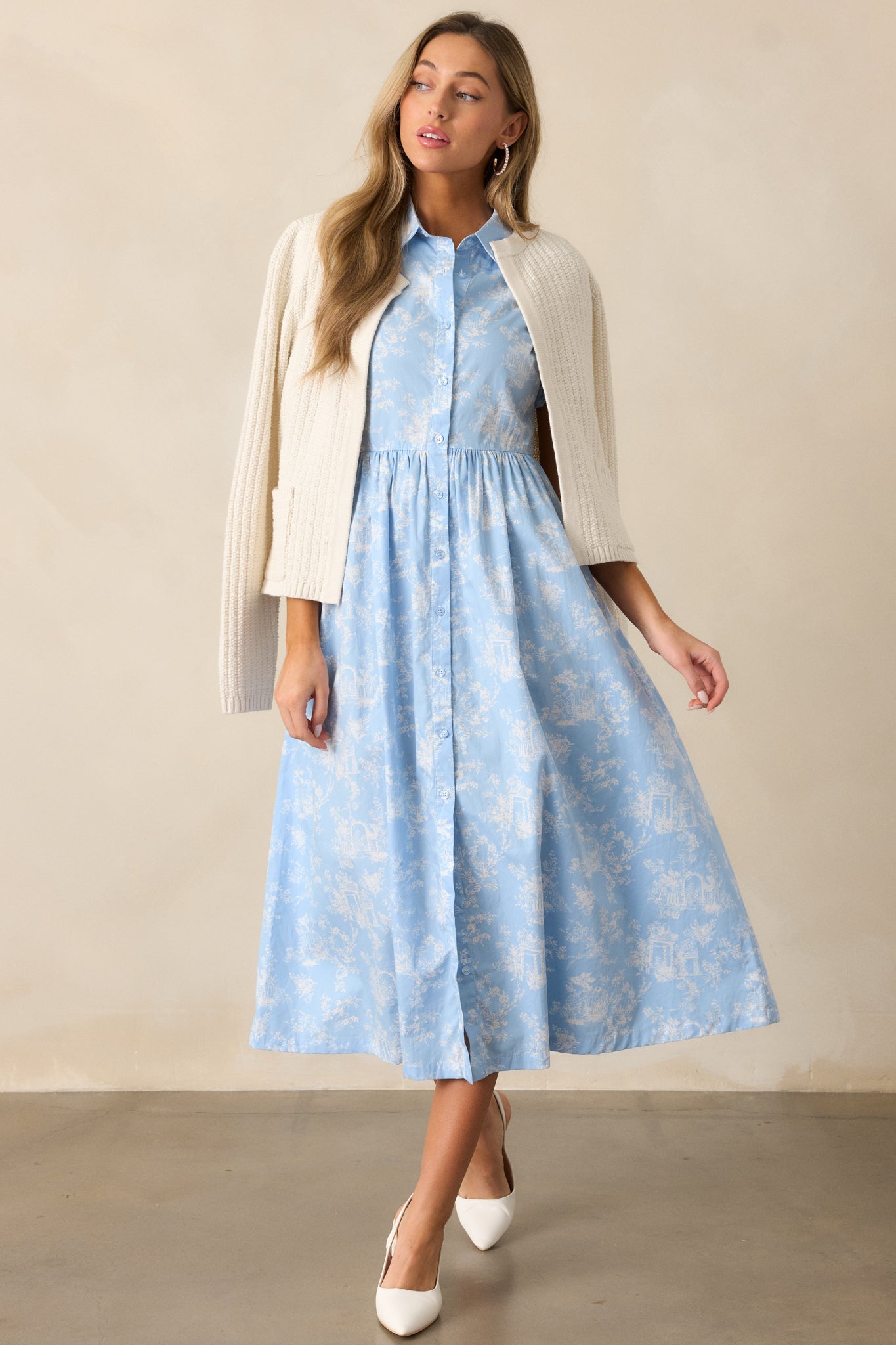 Believe It 100% Cotton Light Blue Toile Midi Dress
