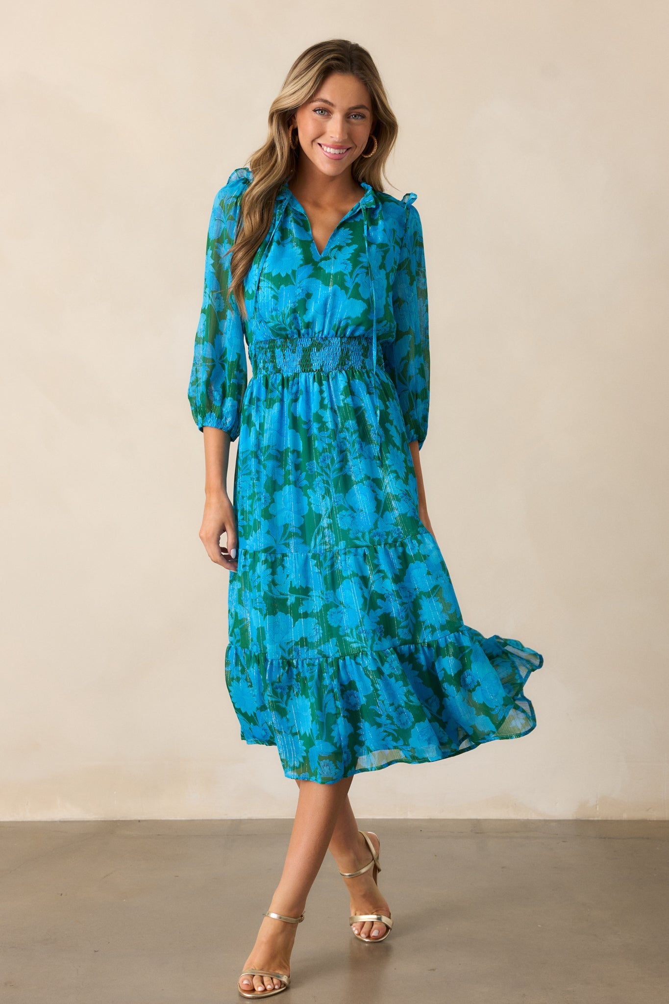 Rising Tides Blue Floral Long Sleeve Midi Dress