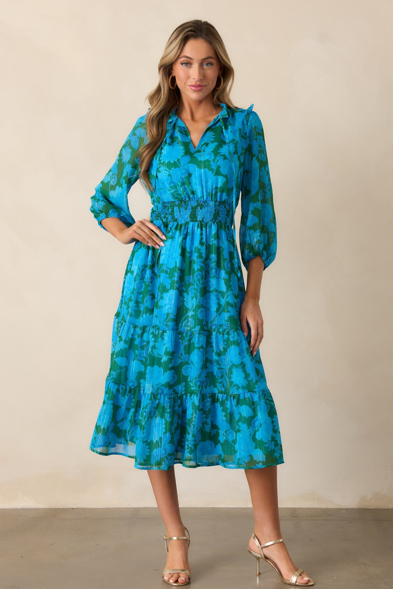 Rising Tides Blue Floral Long Sleeve Midi Dress