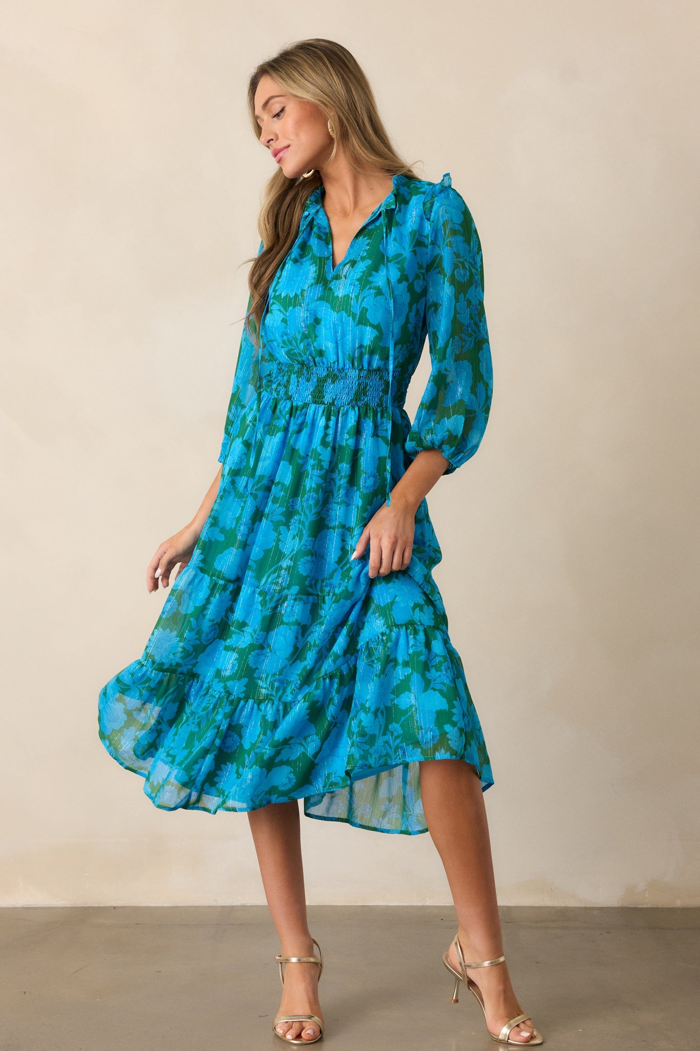 Rising Tides Blue Floral Long Sleeve Midi Dress