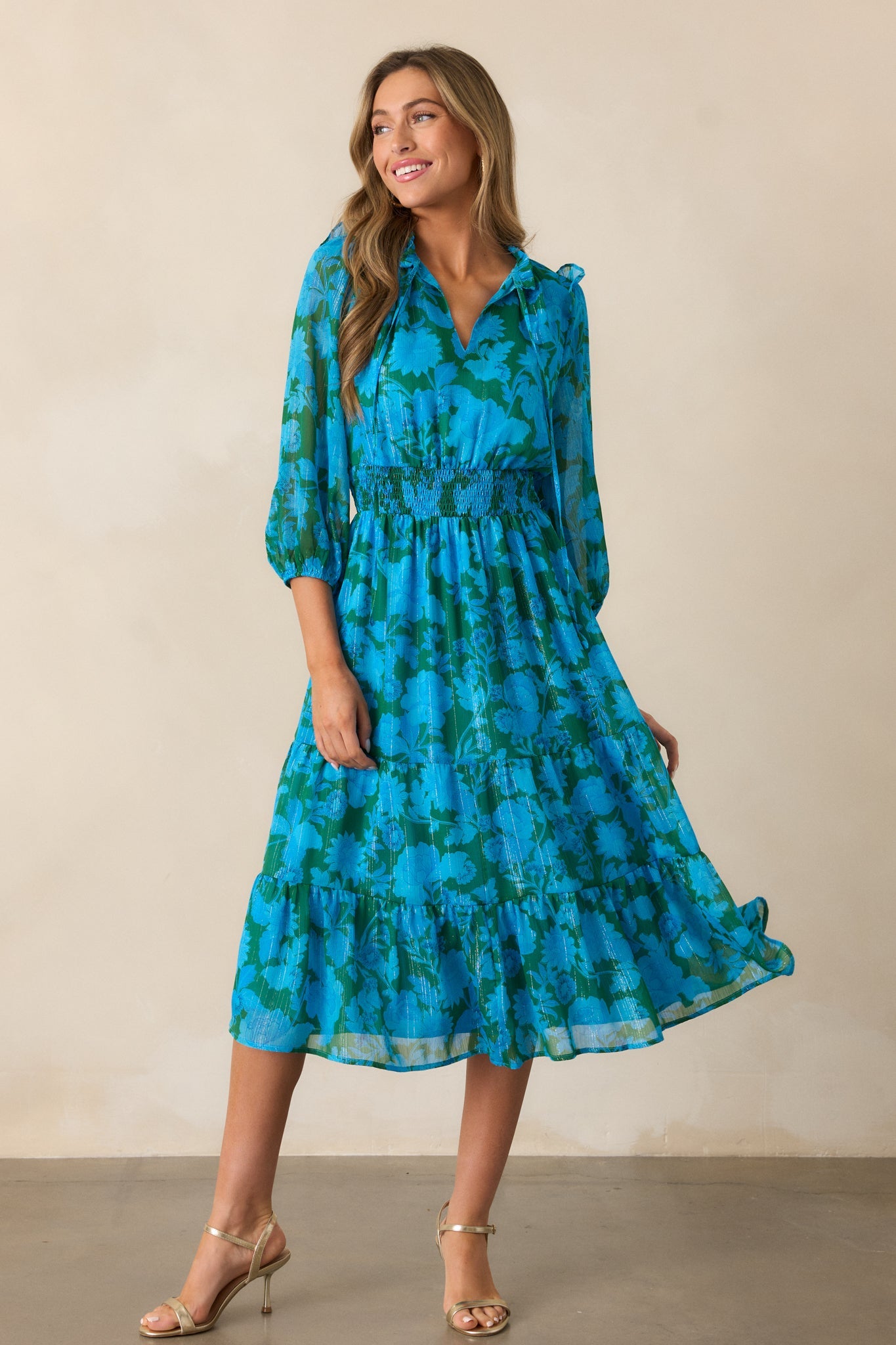 Rising Tides Blue Floral Long Sleeve Midi Dress