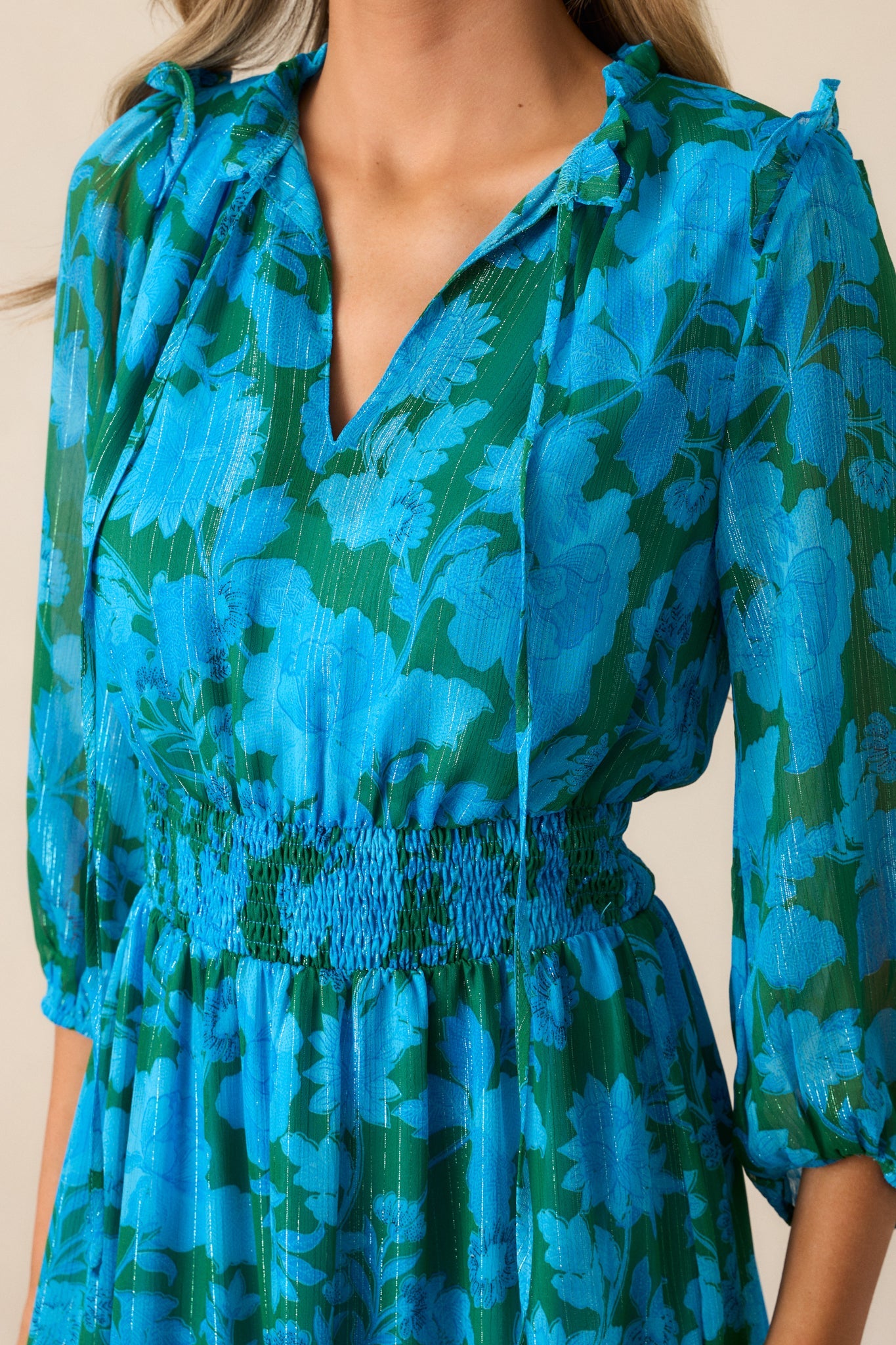 Rising Tides Blue Floral Long Sleeve Midi Dress