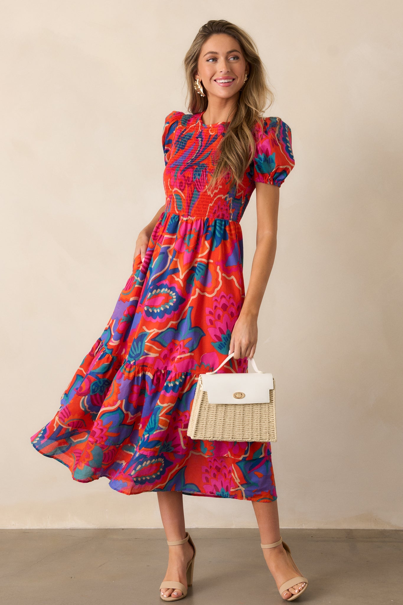 Catching Flights 100% Cotton Orange Multi Print Midi Dress