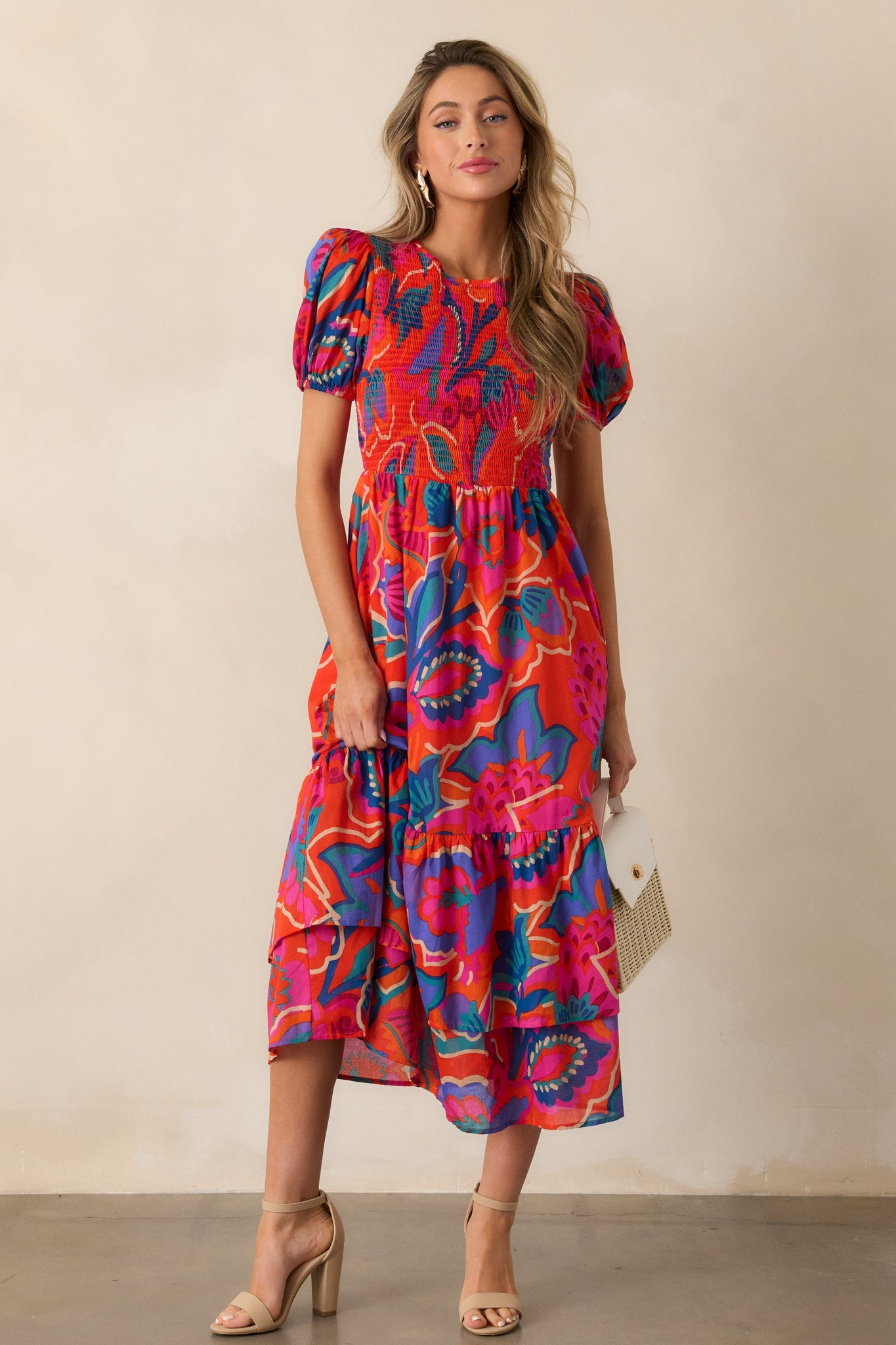 Catching Flights 100% Cotton Orange Multi Print Midi Dress