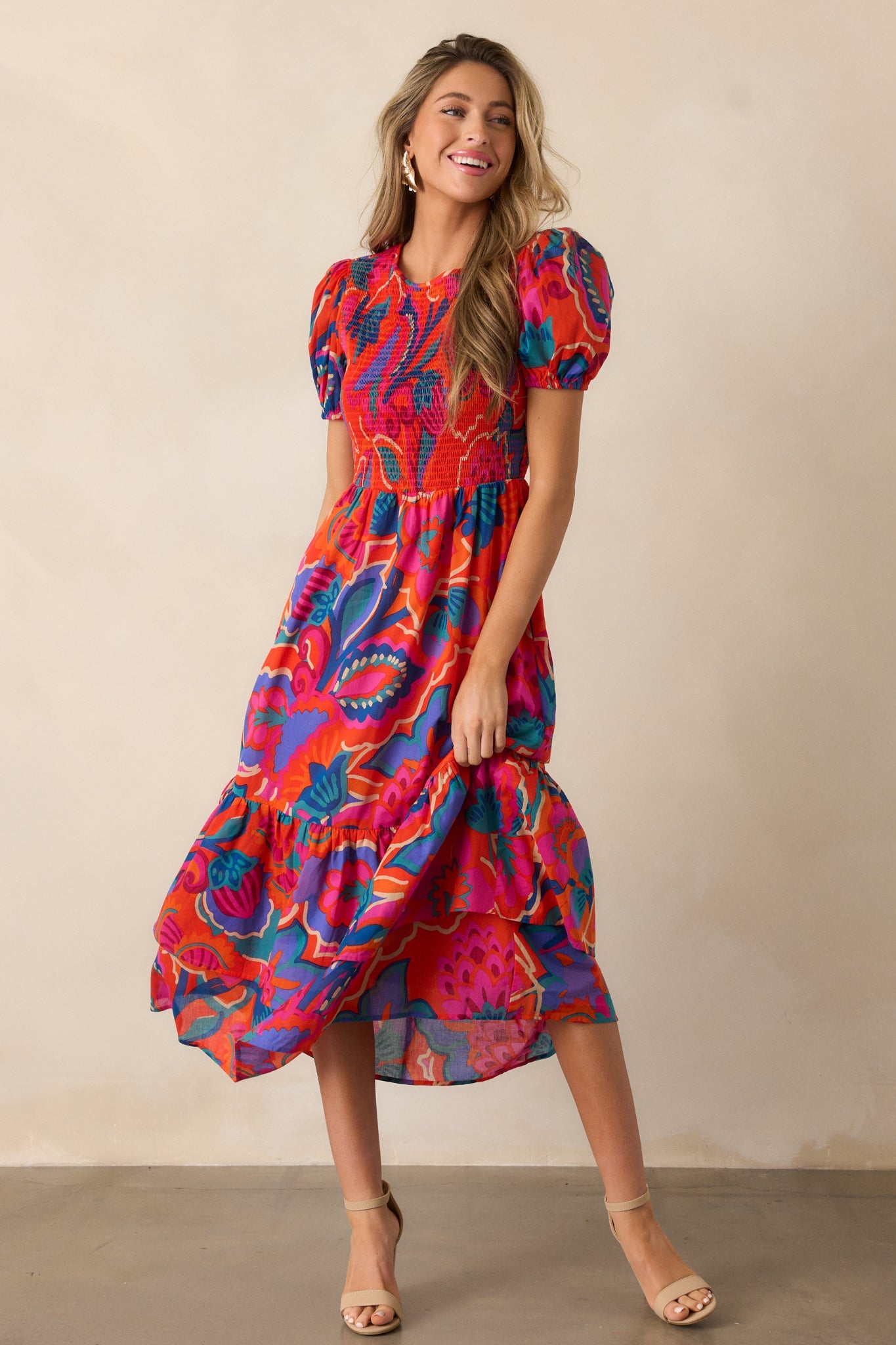 Catching Flights 100% Cotton Orange Multi Print Midi Dress